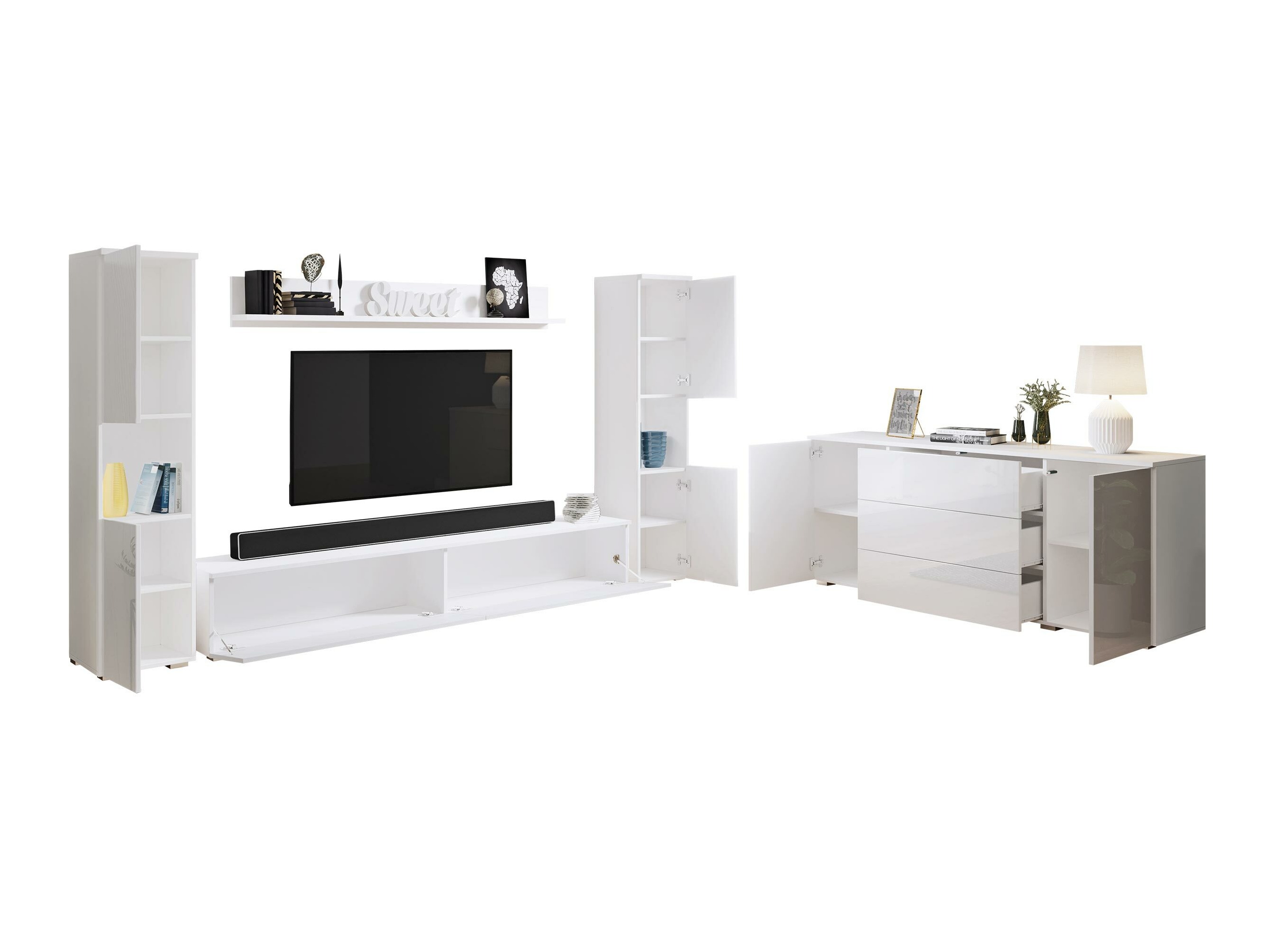 Parete attrezzata Sarasota 133 (Bianco + Bianco lucido)