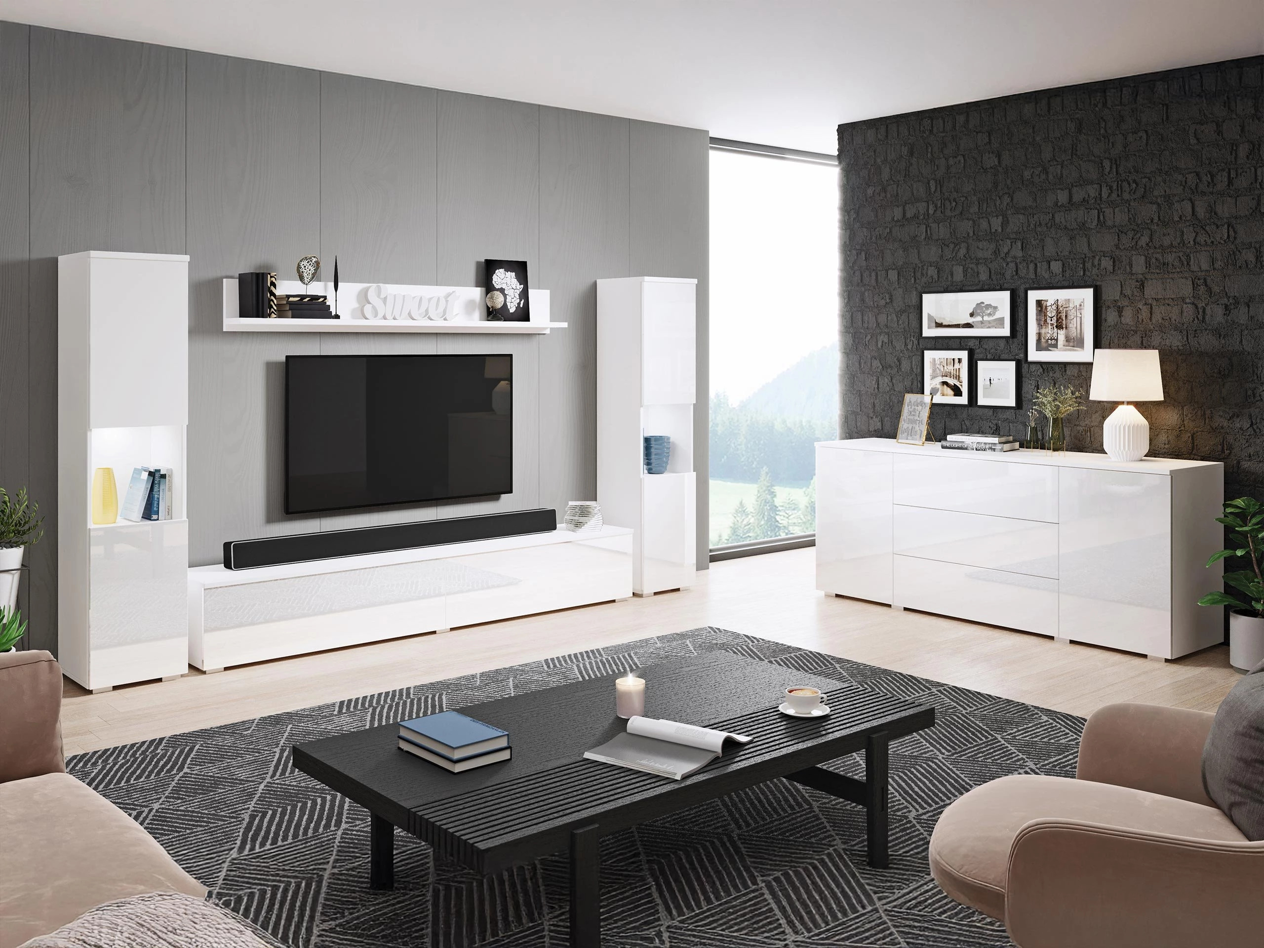Parete attrezzata Sarasota 133 (Bianco + Bianco lucido)