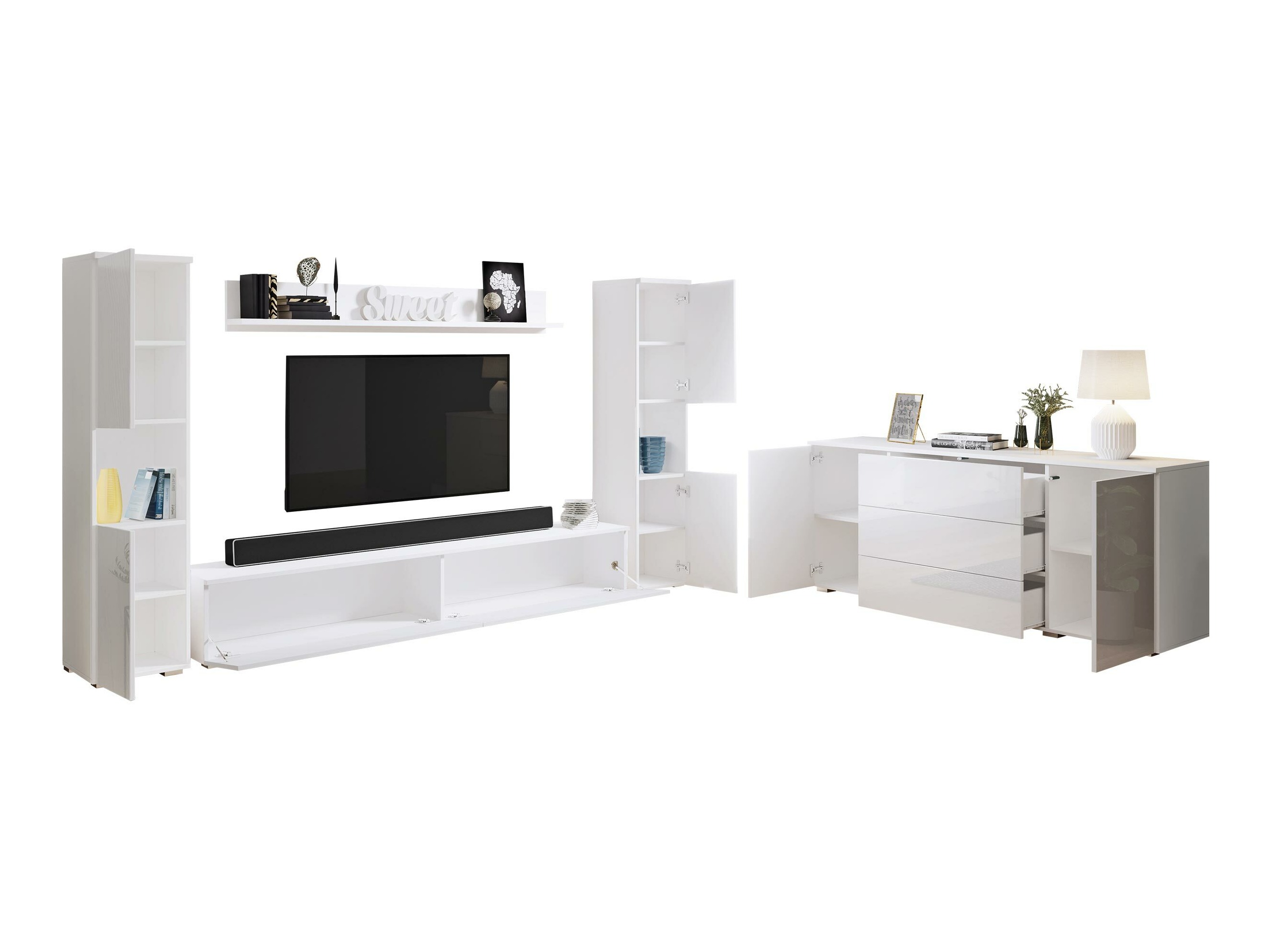 Parete attrezzata Sarasota 133 (Bianco + Bianco lucido)