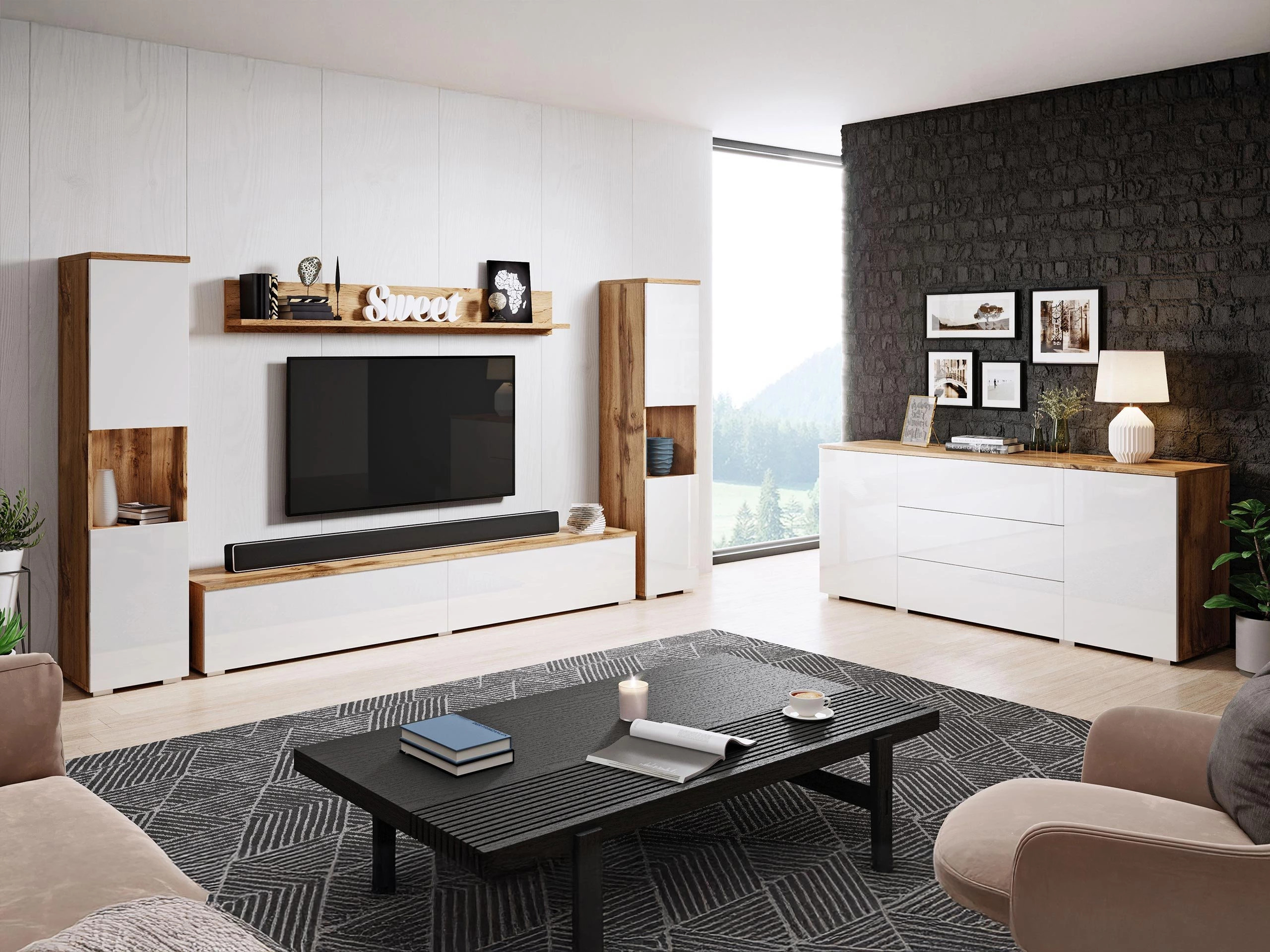 Parete attrezzata Sarasota 133 (Quercia di Wotan + Bianco lucido)