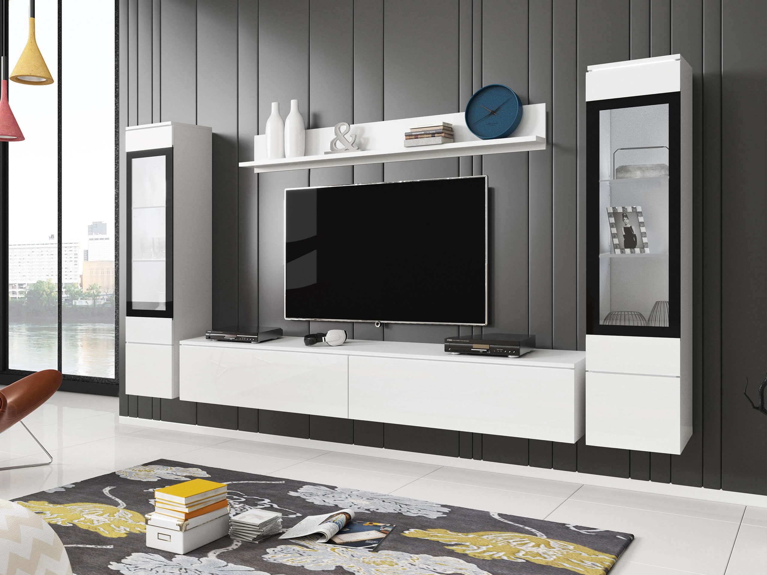 Parete attrezzata Mirfivo 101 (Bianco + Bianco lucido)