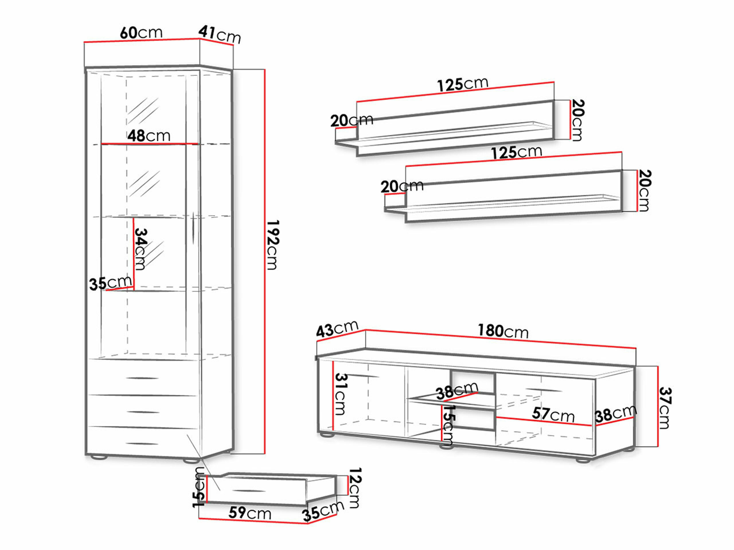 Parete attrezzata Tornola 107 (Nero + Nero lucido)