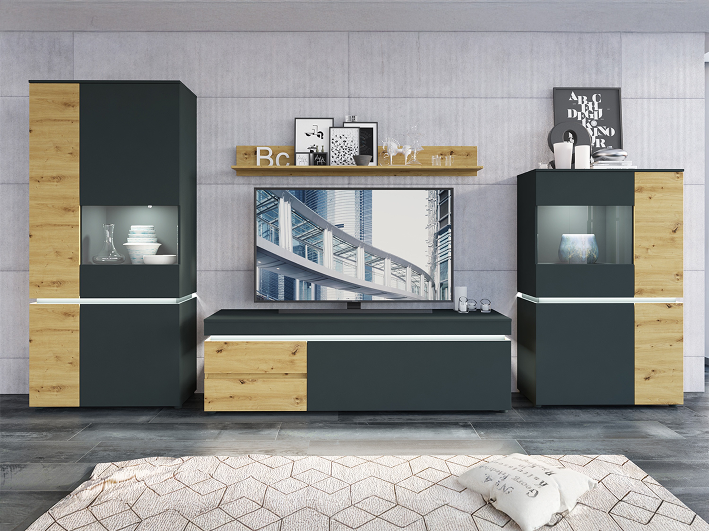 Parete attrezzata Ontario 176 (Rovere Artisan + Grigio)