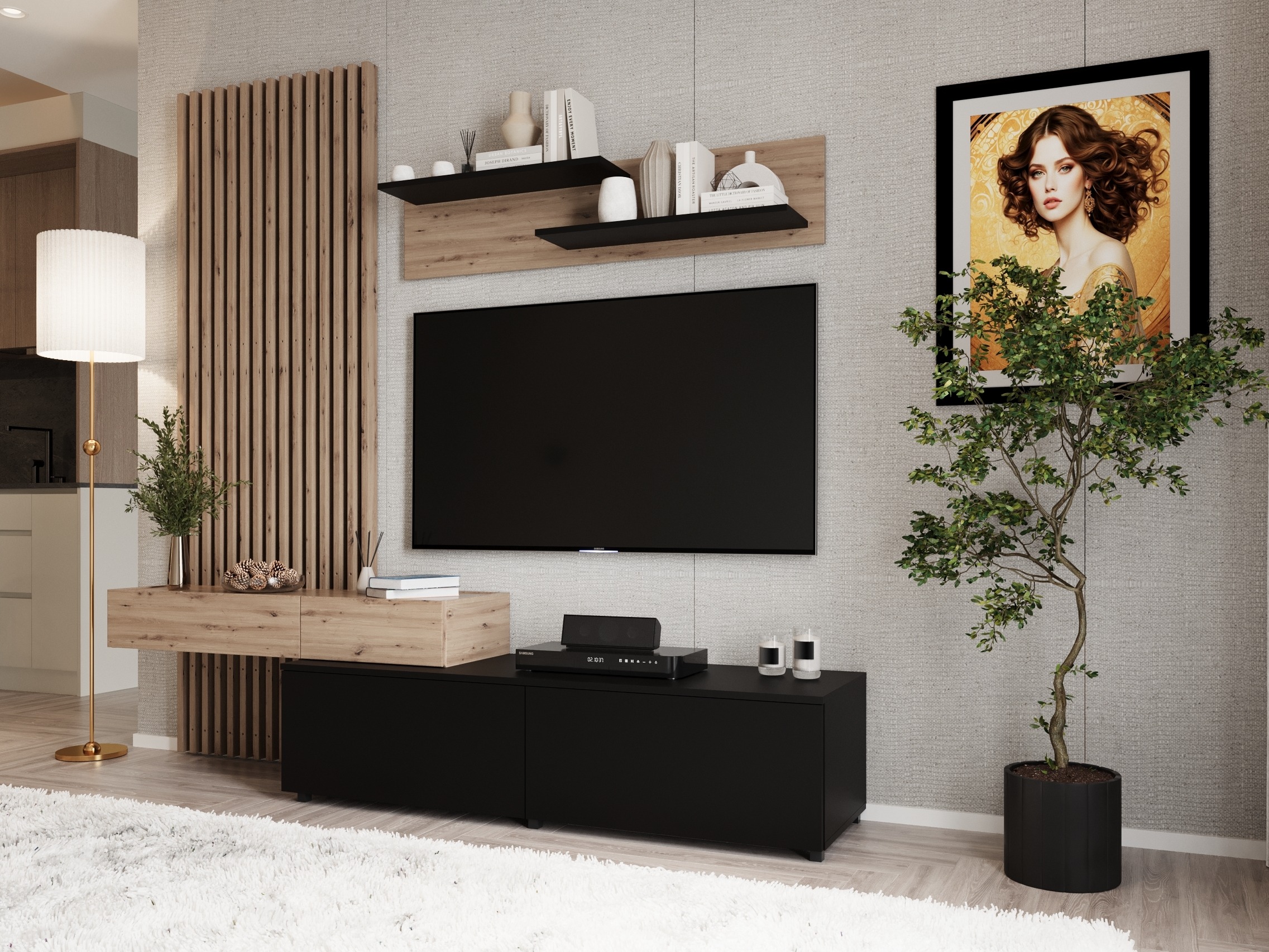 Parete attrezzata Houston 2086 (Nero + Rovere Artisan)