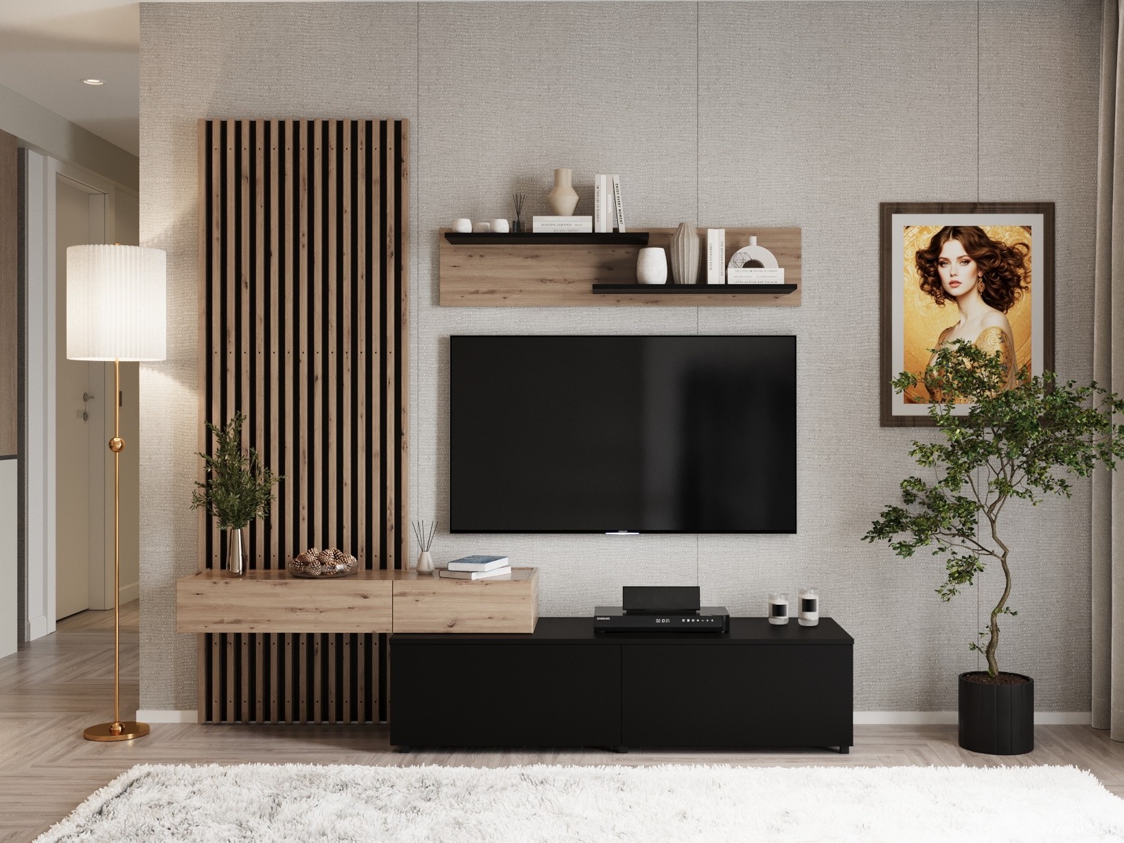 Parete attrezzata Houston 2086 (Nero + Rovere Artisan)