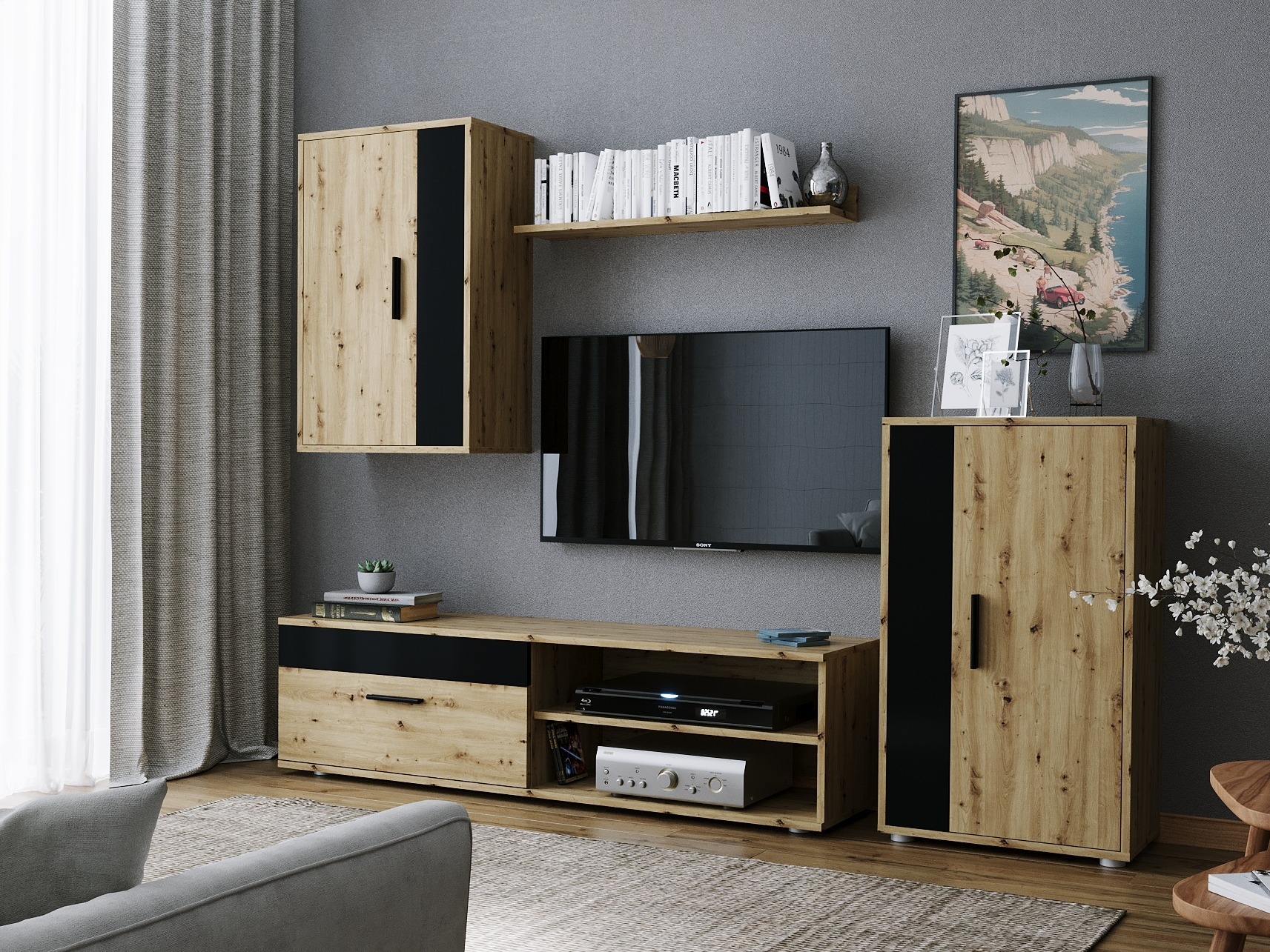 Parete attrezzata Houston 2087 (Nero + Rovere Artisan)