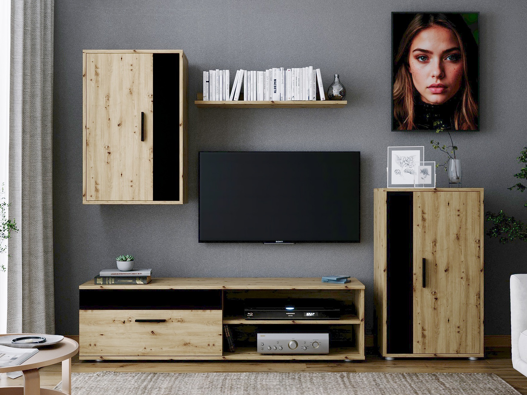 Parete attrezzata Houston 2087 (Nero + Rovere Artisan)
