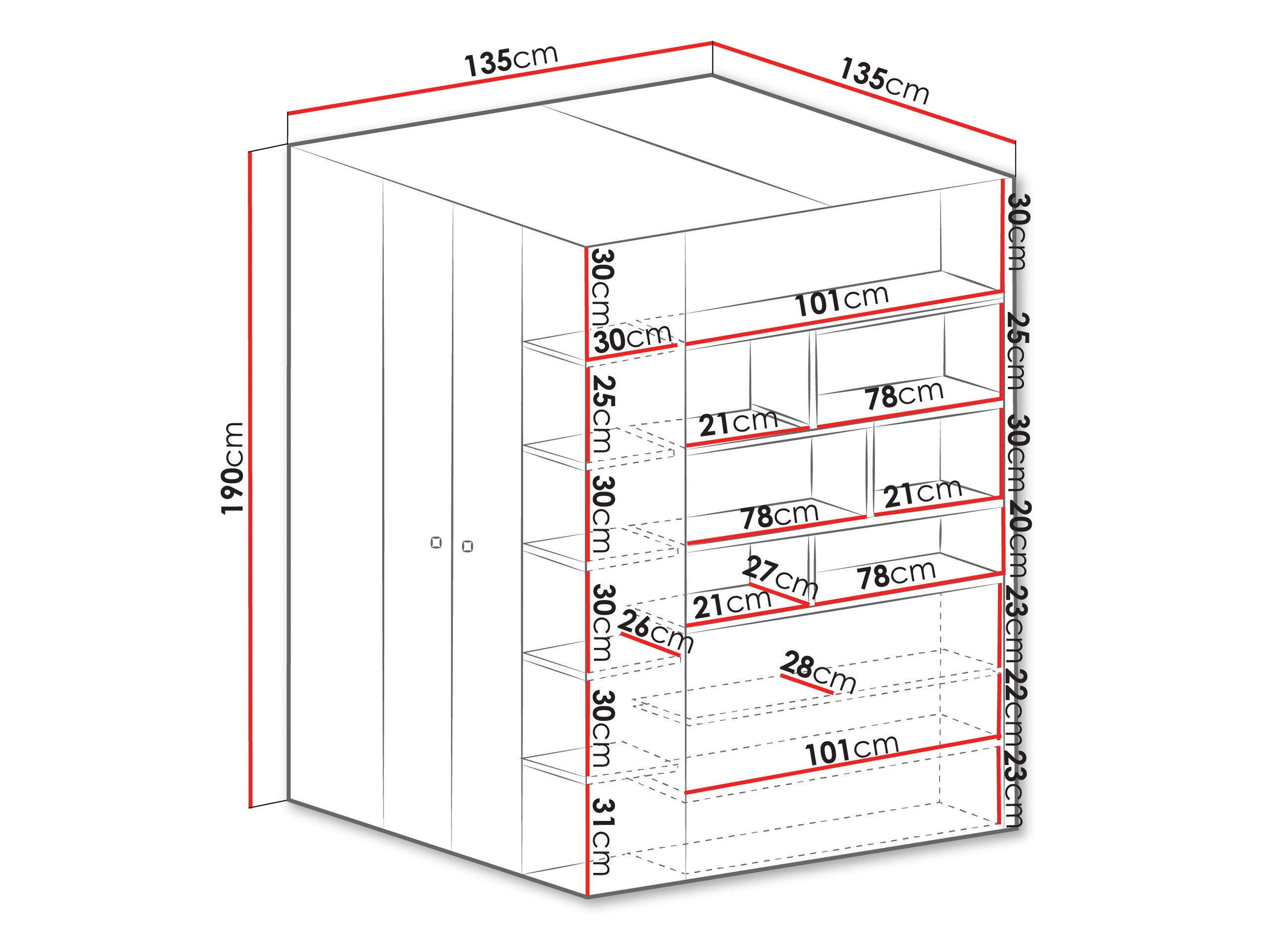 Armadio ad angolo Camteso 113 (Bianco + Quercia + Turchese)