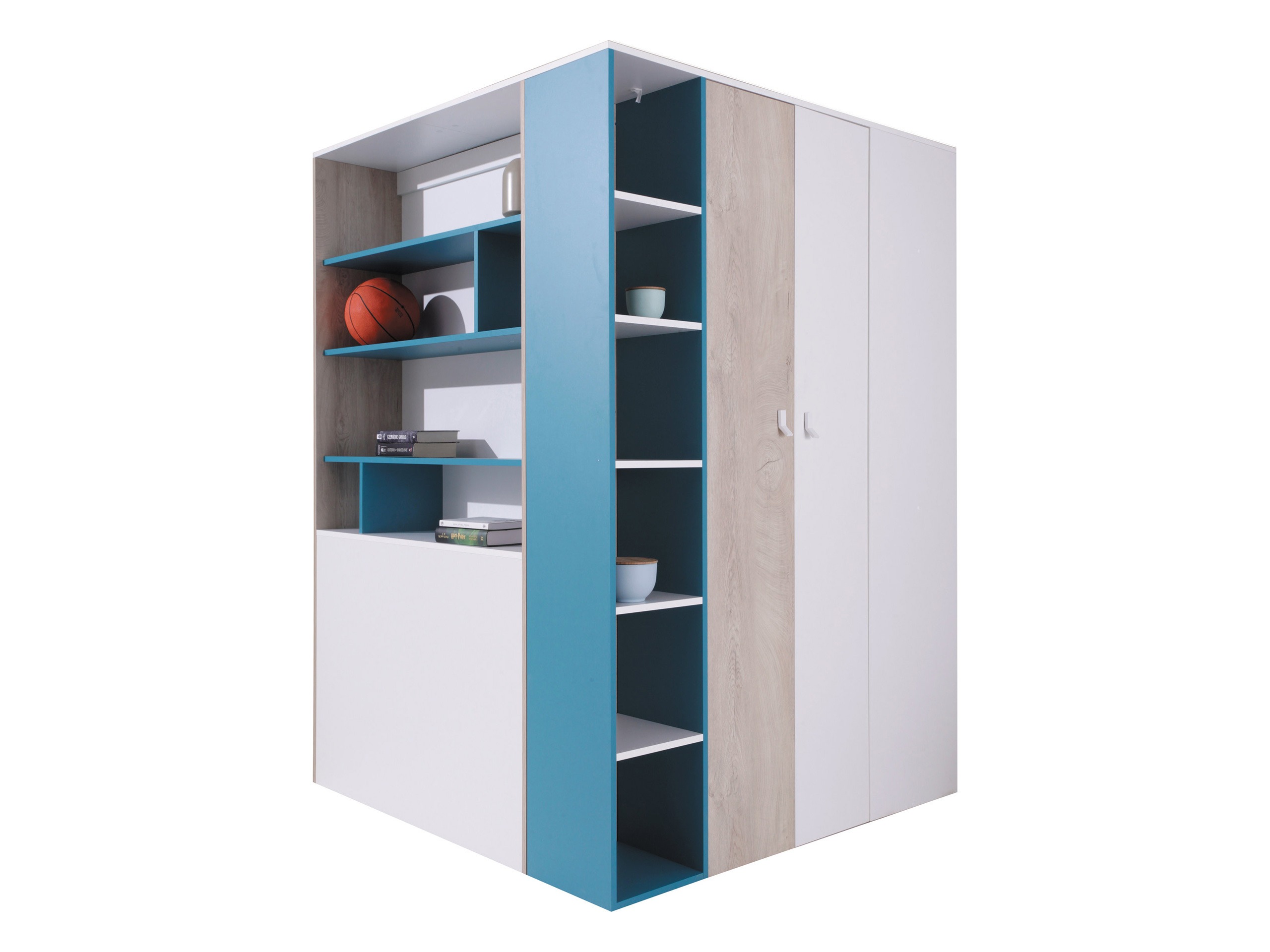 Armadio ad angolo Camteso 113 (Bianco + Quercia + Turchese)