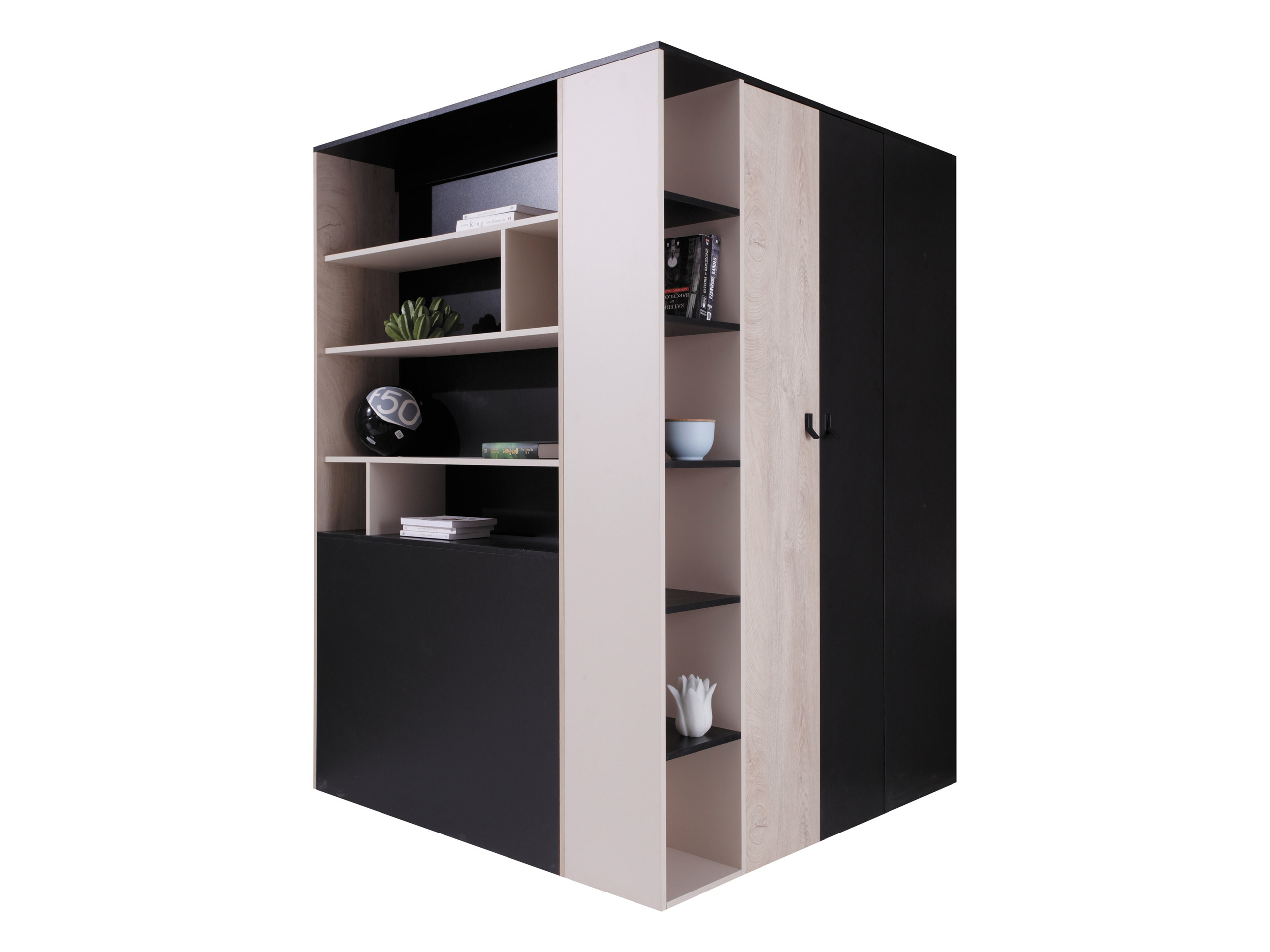 Armadio ad angolo Camteso 113 (Nero + Quercia + Beige)