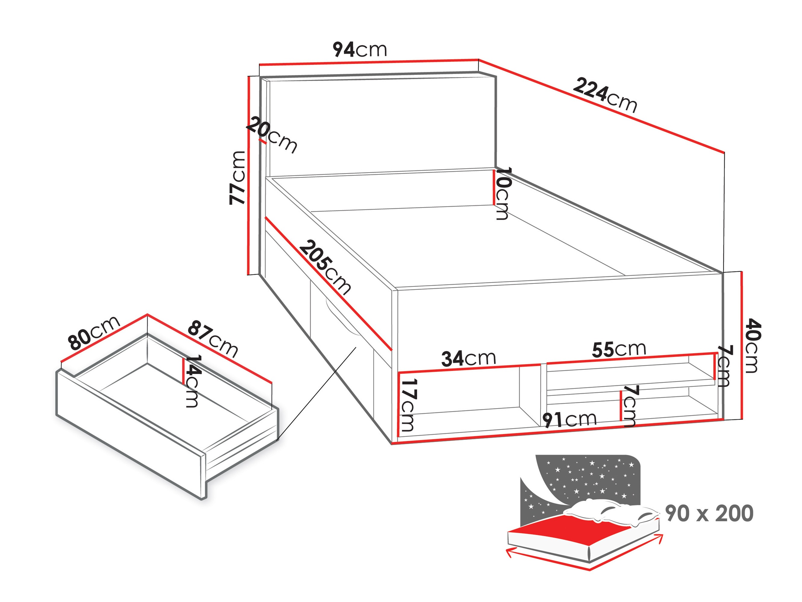 Letto Camteso 112 (Bianco + Quercia + Turchese)