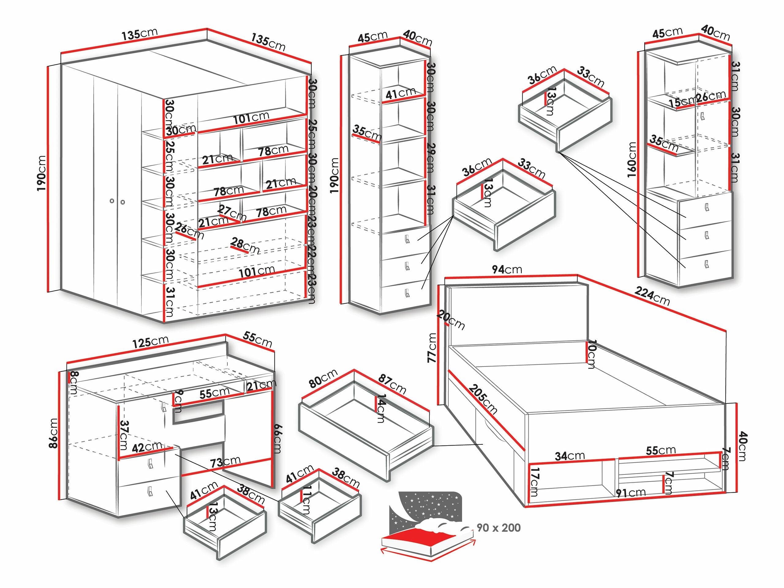 Set Camerette per bambini Camteso 115 (Bianco + Quercia + Turchese)