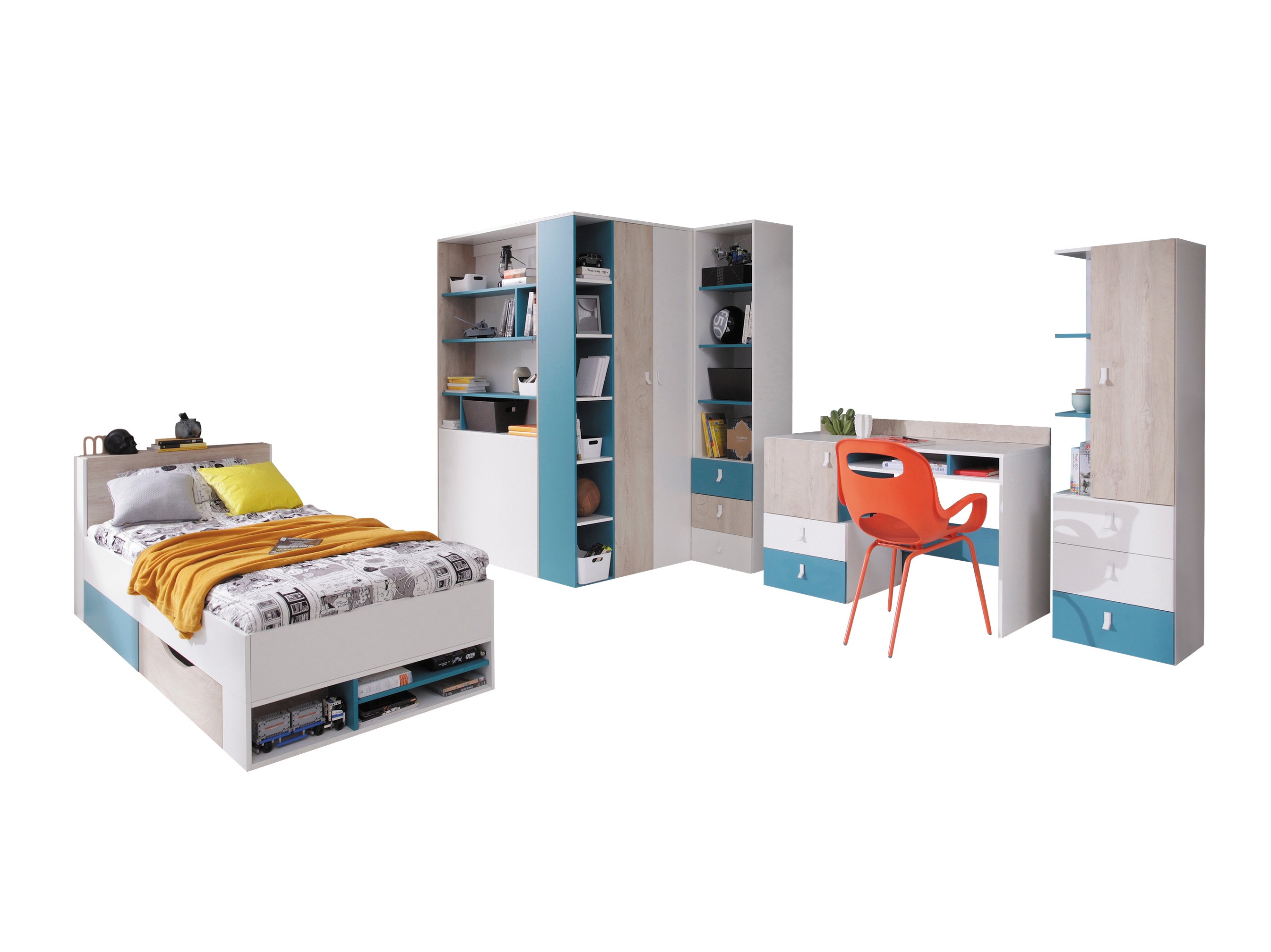 Set Camerette per bambini Camteso 115 (Bianco + Quercia + Turchese)