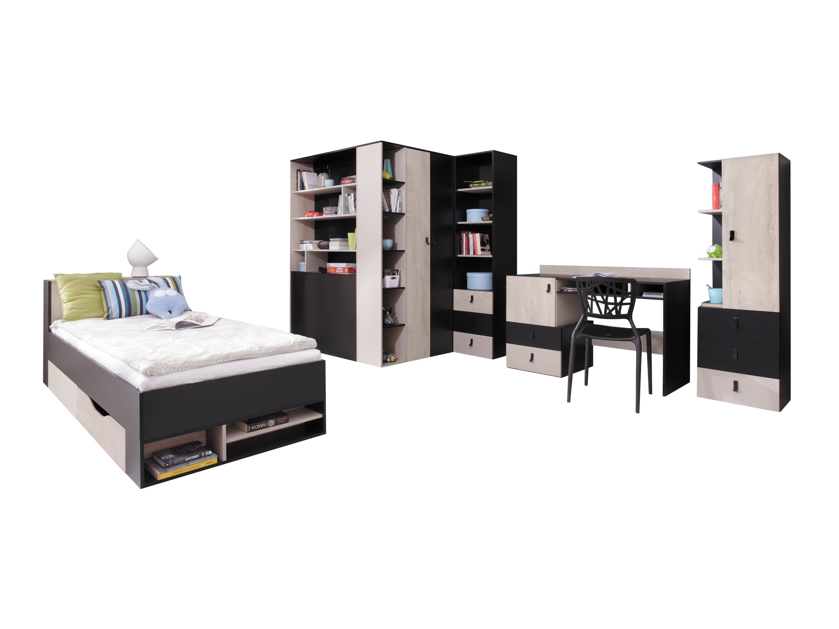 Set Camerette per bambini Camteso 115 (Nero + Quercia + Beige)