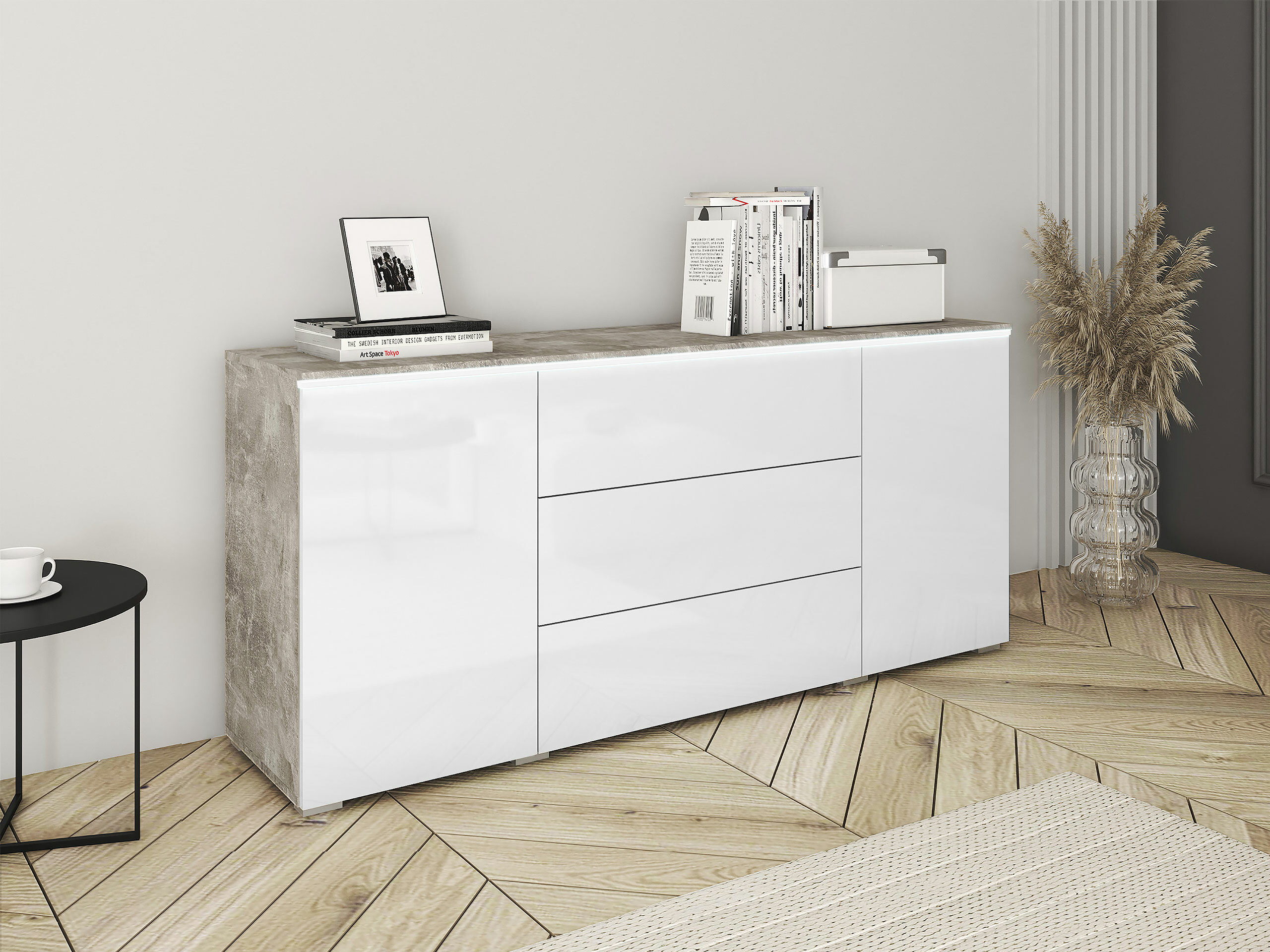 Cassettiera Mirfivo 102 (Calcestruzzo + Bianco lucido)
