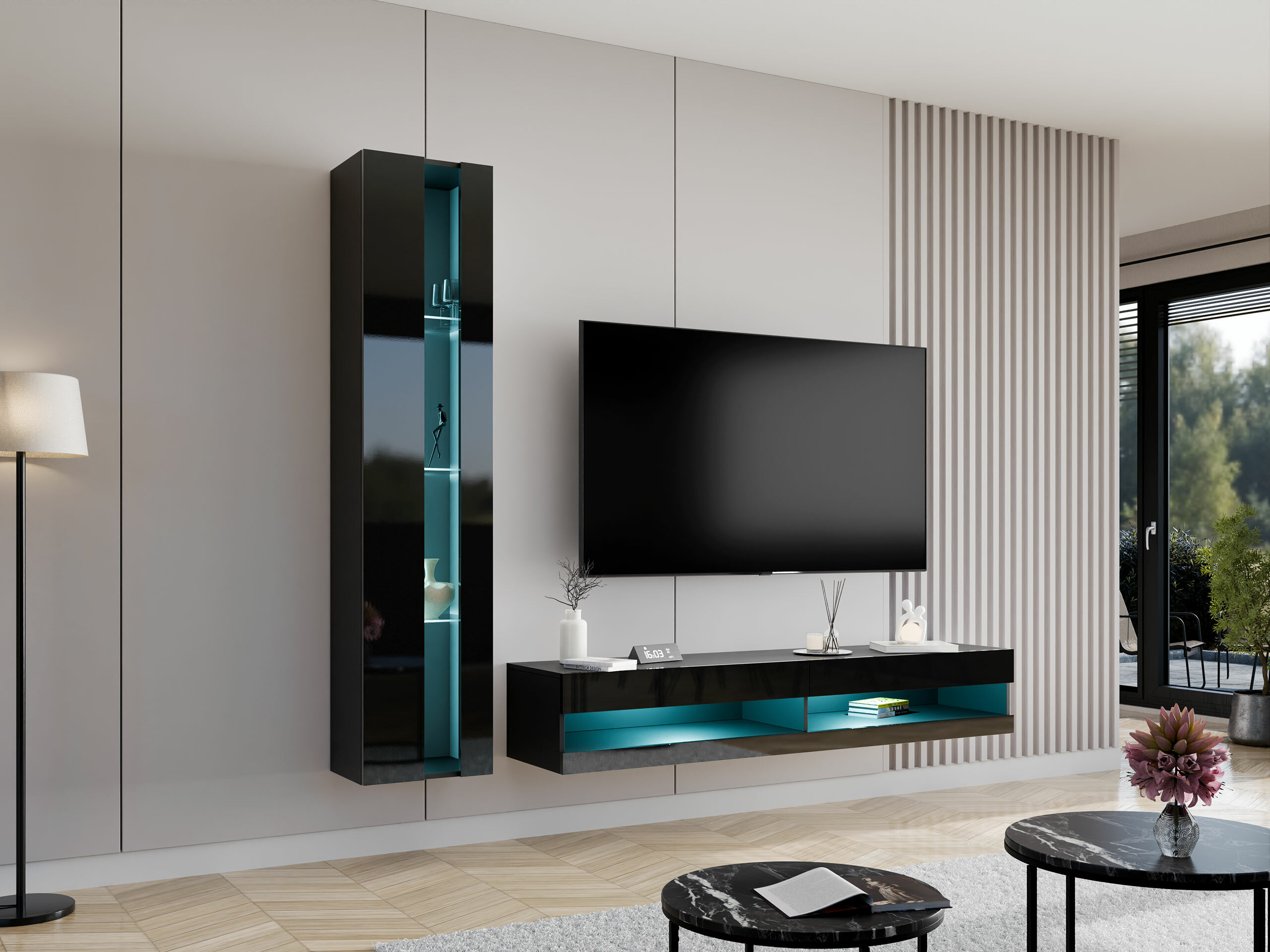 Parete attrezzata Vilrin VIII (Nero + Nero lucido)