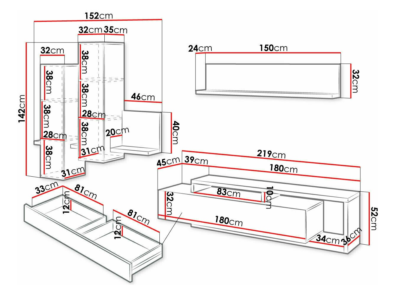 Parete attrezzata Lutiva 100 (Bianco + Calcestruzzo)