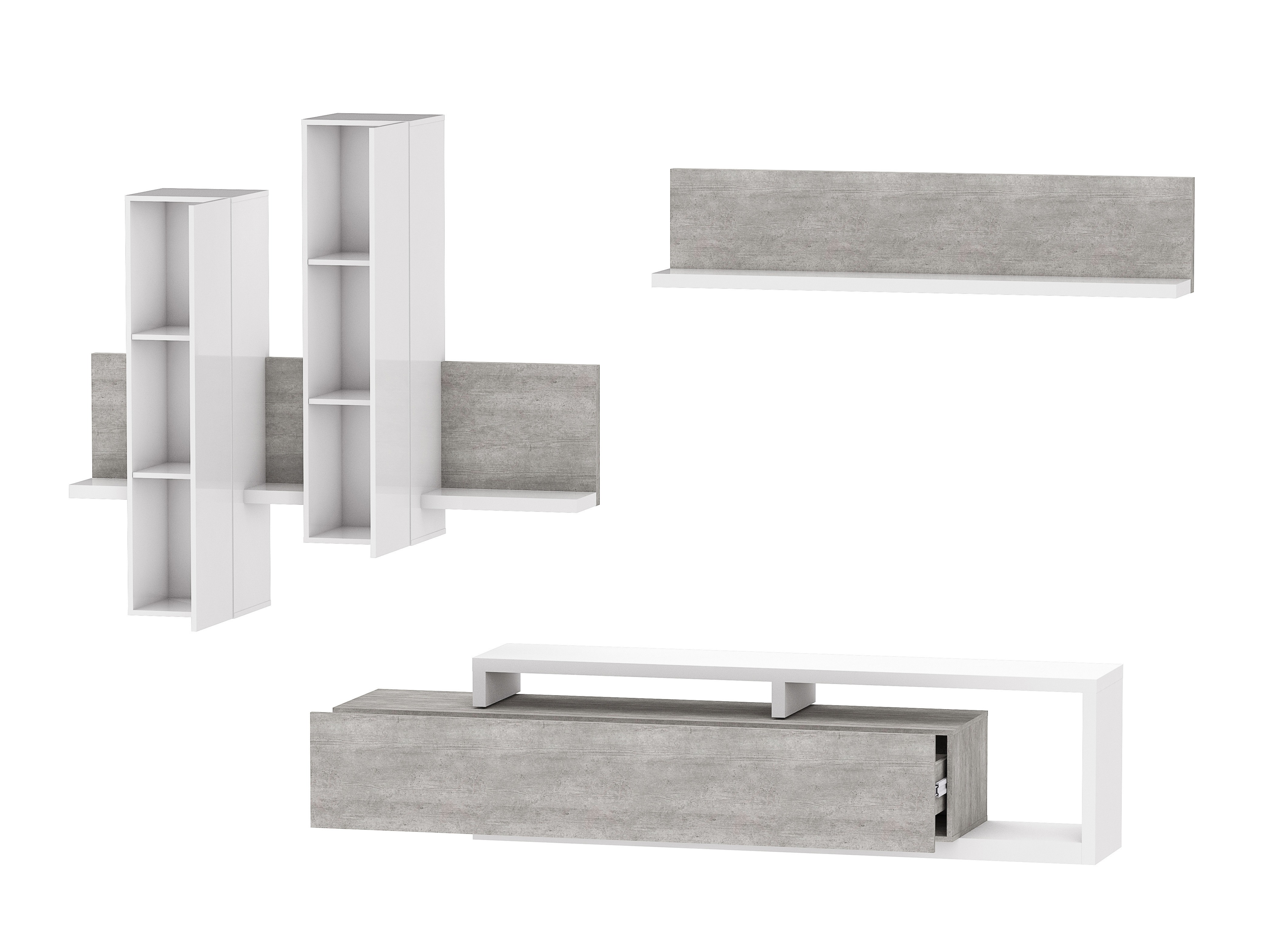 Parete attrezzata Lutiva 100 (Bianco + Calcestruzzo)