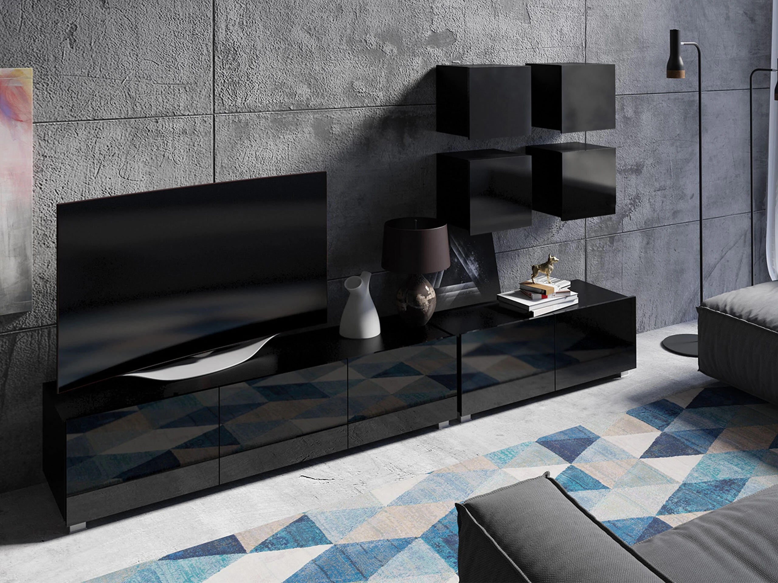 Mobile porta TV Remus I (Nero + Nero lucido)