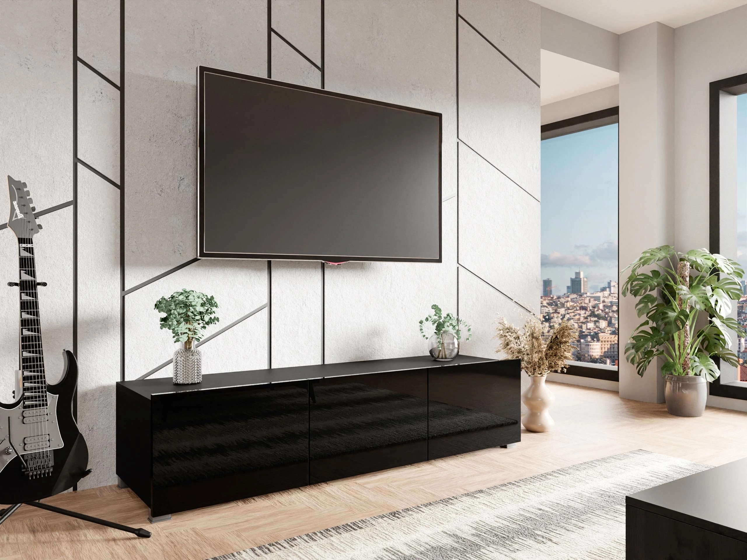 Mobile porta TV Remus (Nero + Nero lucido)