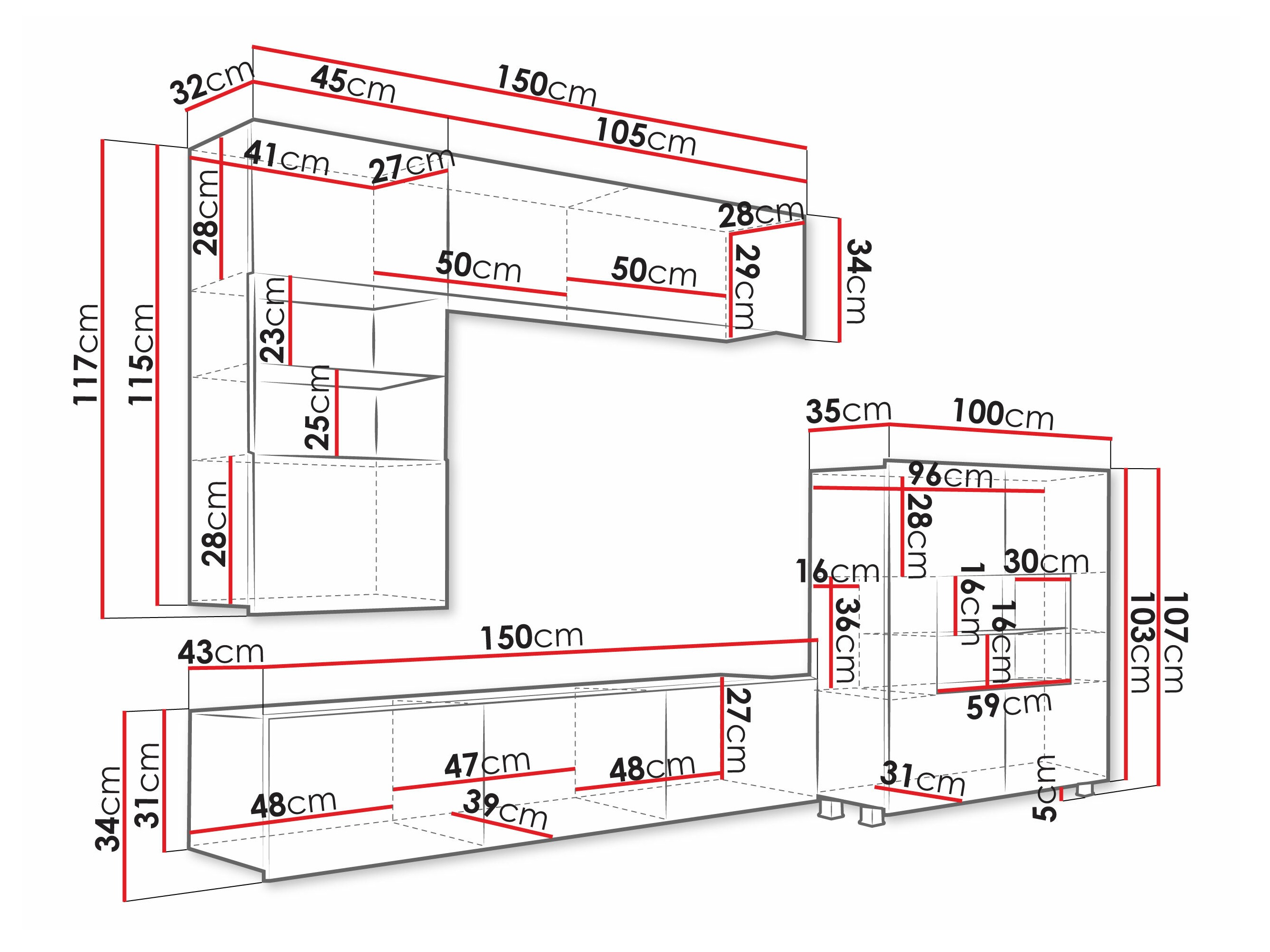 Parete attrezzata Remus III (Nero + Nero lucido)