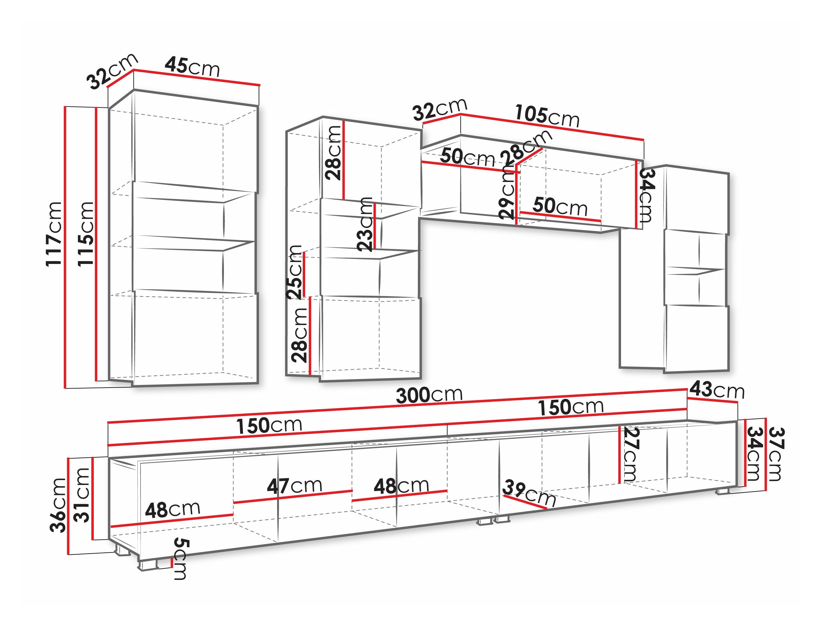 Parete attrezzata Remus V (Nero + Nero lucido)