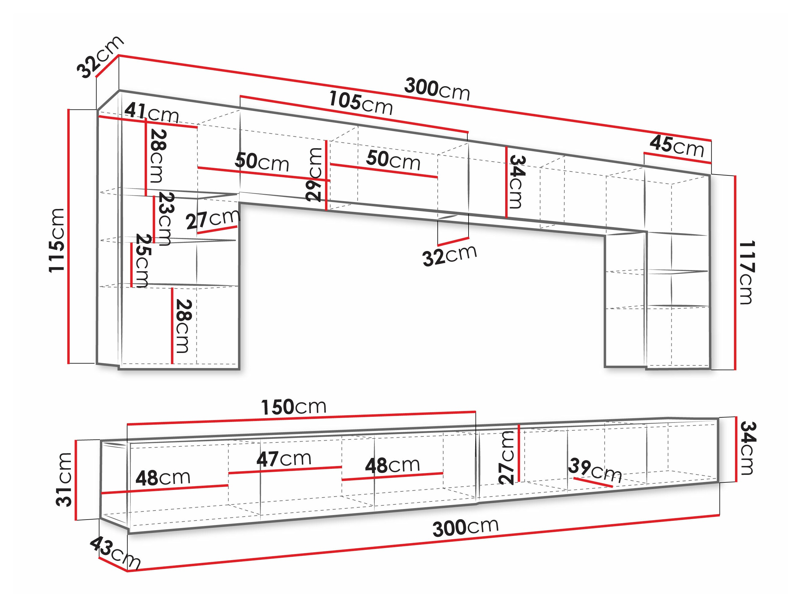 Parete attrezzata Tivdalu 105 (Bianco + Bianco lucido)