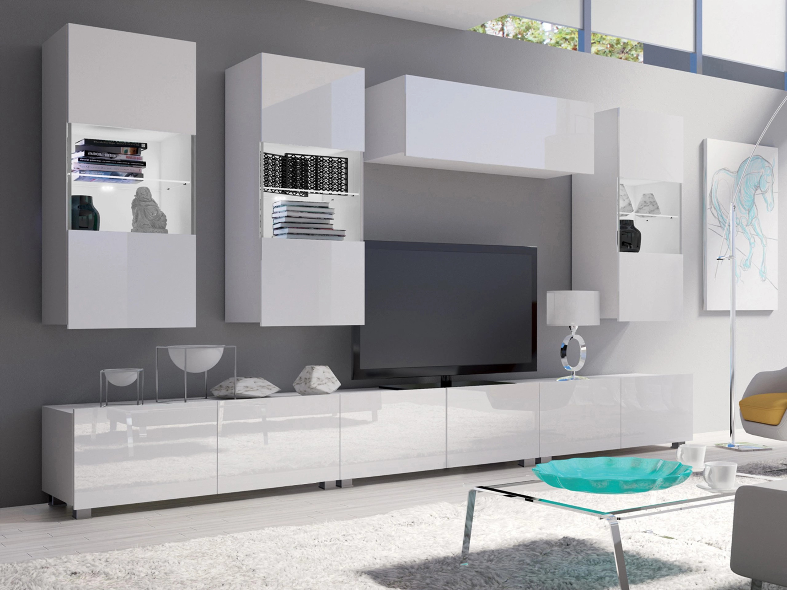 Parete attrezzata Remus XI (Bianco + Bianco lucido)