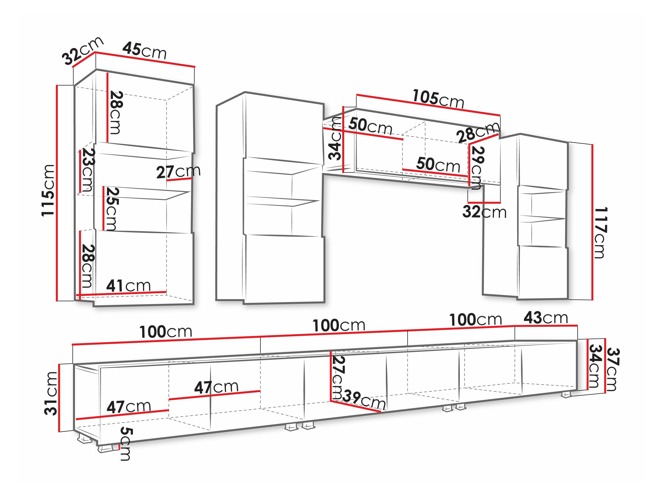 Parete attrezzata Remus XI (Bianco + Bianco lucido)