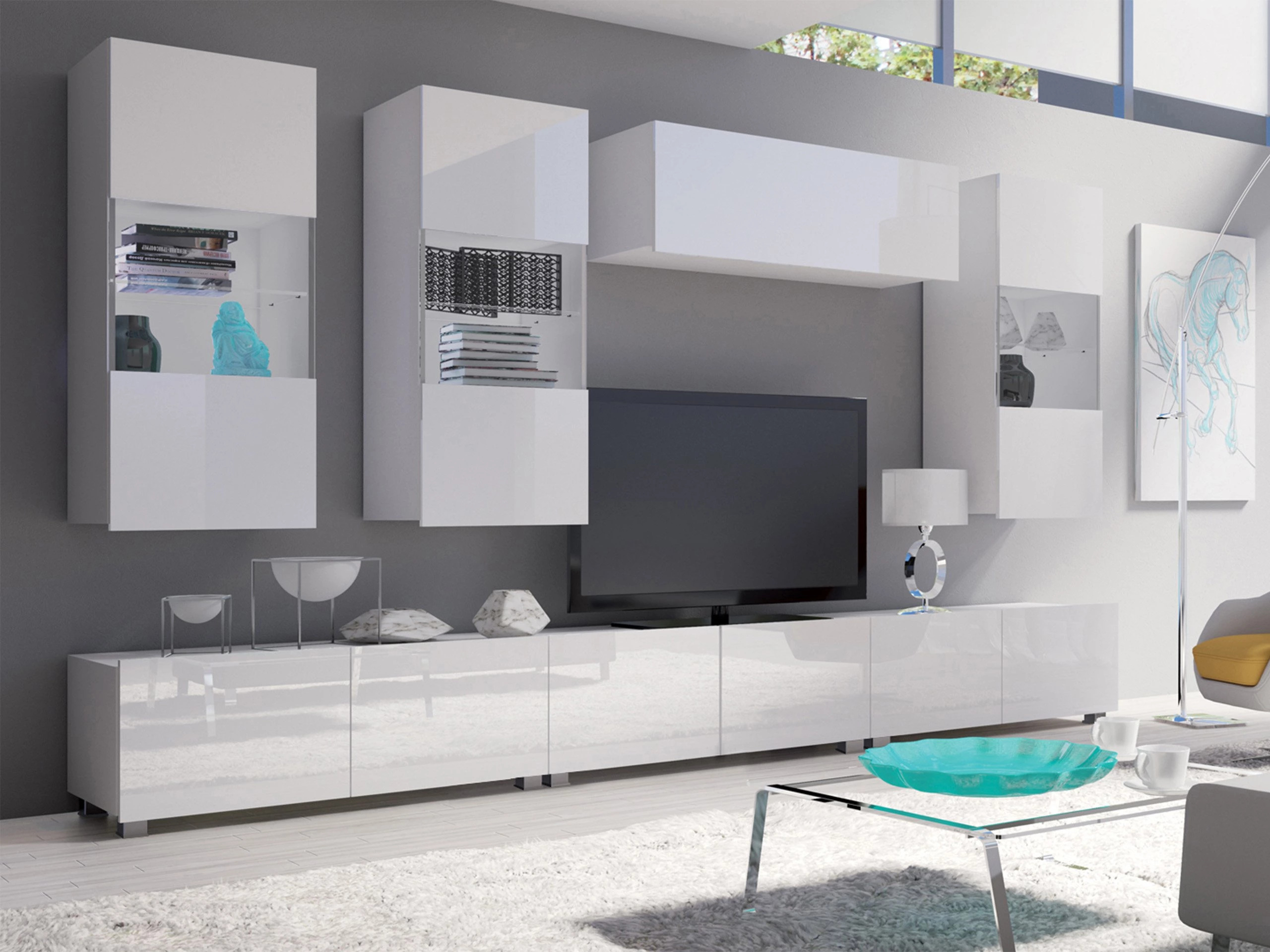Parete attrezzata Remus XI (Bianco + Bianco lucido)