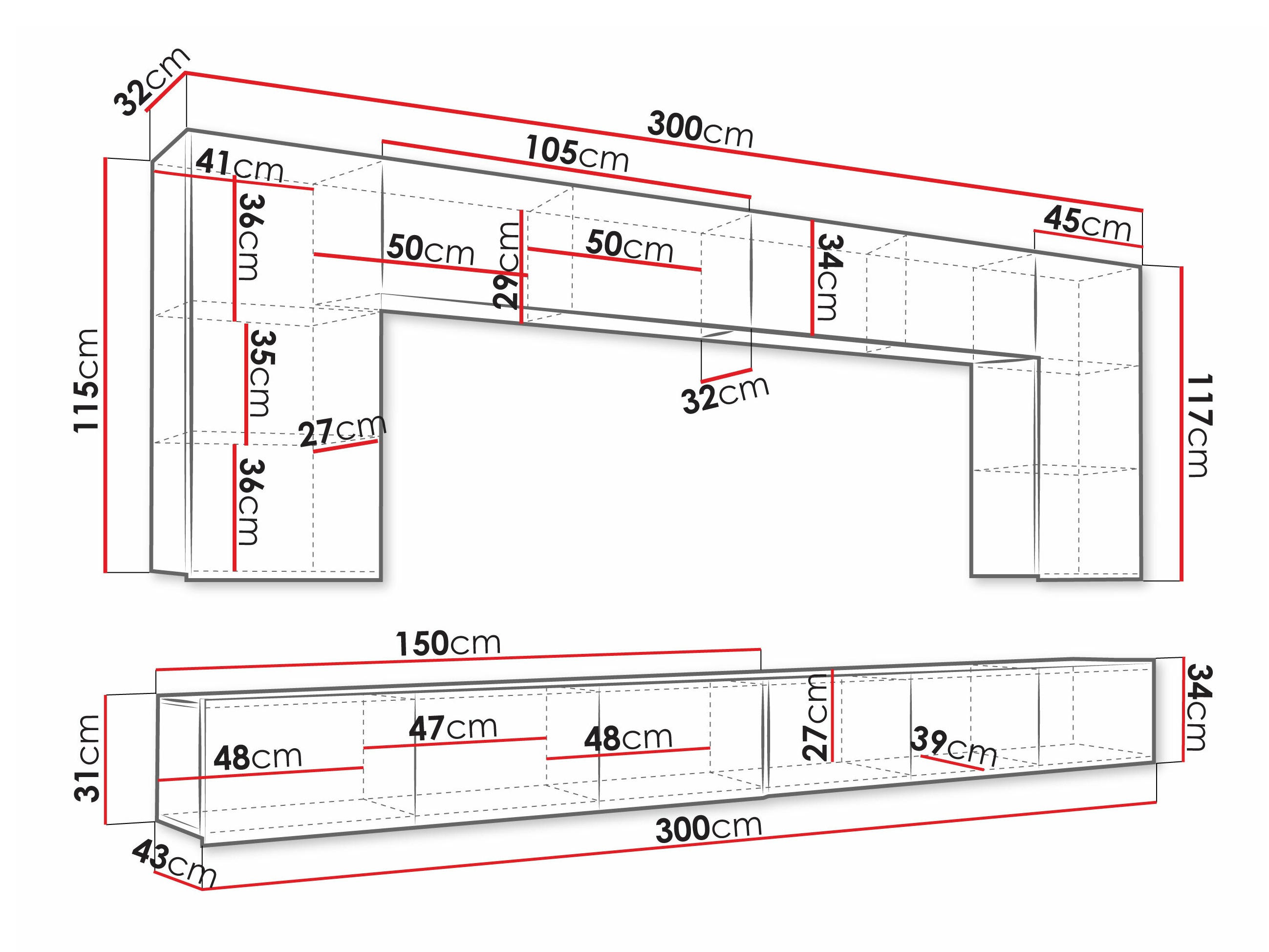Parete attrezzata Remus XIII (Bianco + Bianco lucido)
