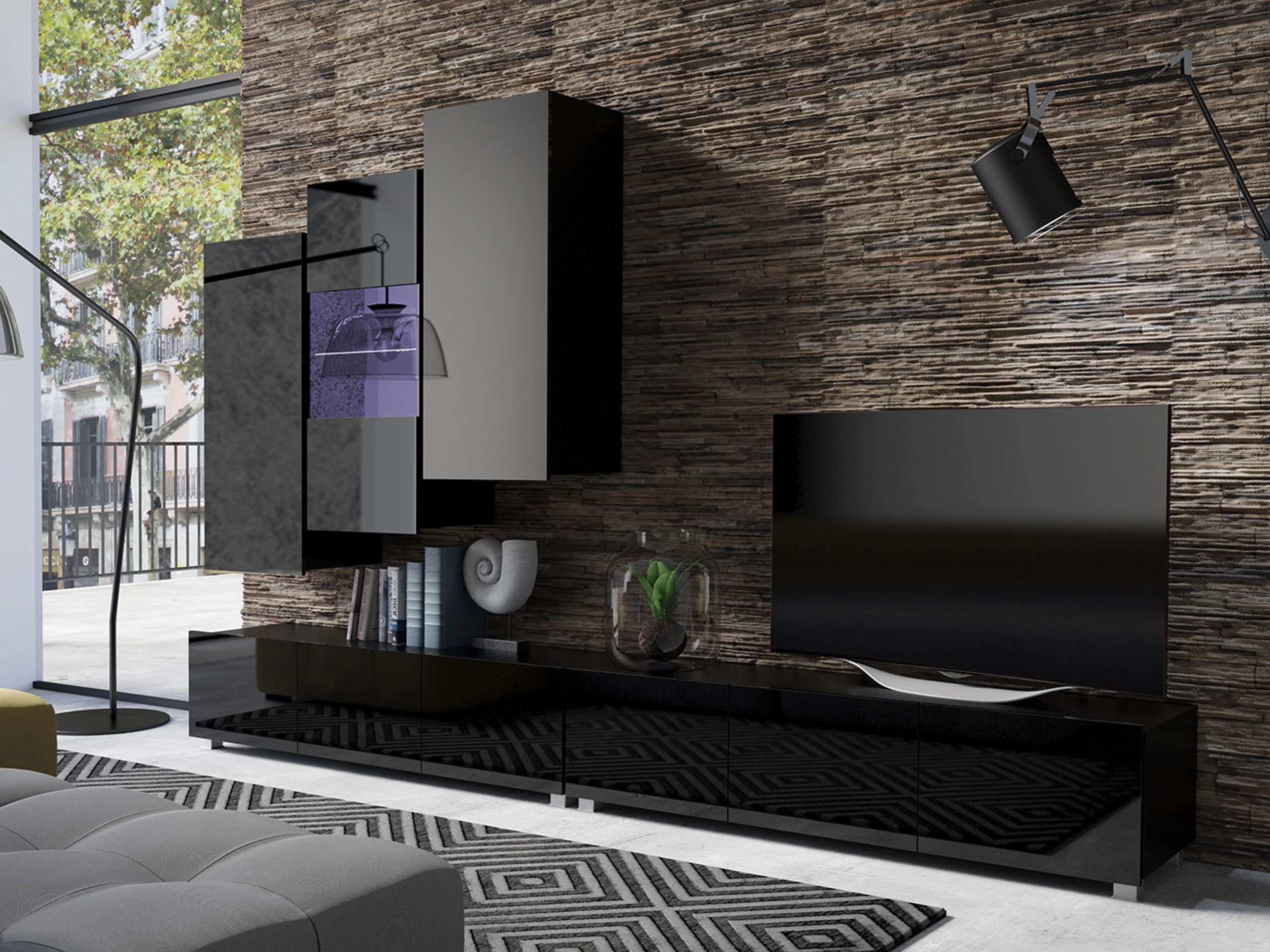 Parete attrezzata Remus XVII (Nero + Nero lucido)