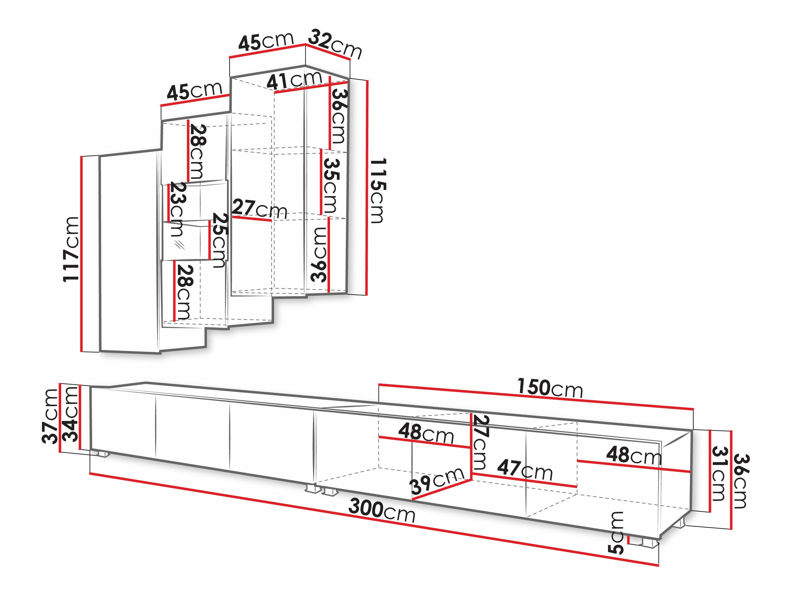 Parete attrezzata Remus XVII (Nero + Nero lucido)