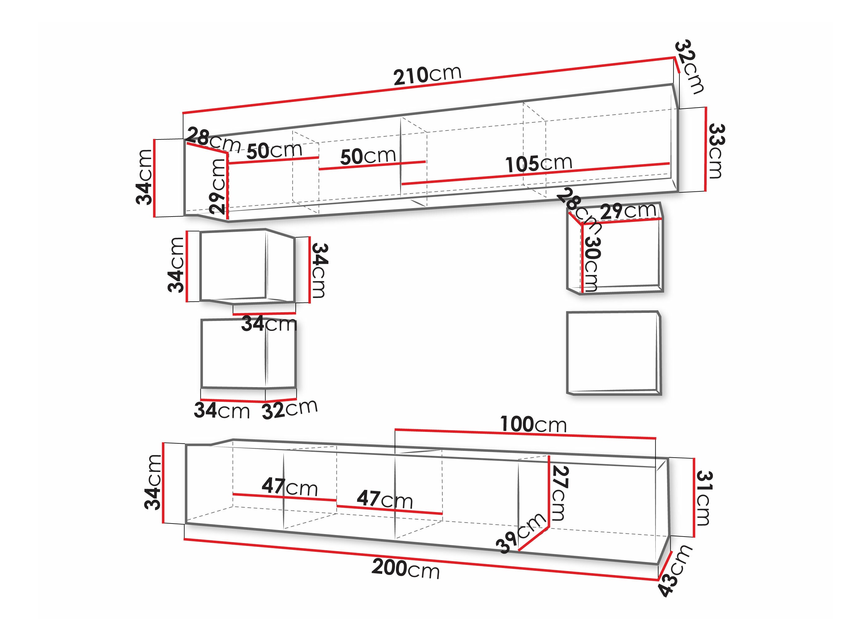 Parete attrezzata Remus XVI (Nero + Nero lucido)