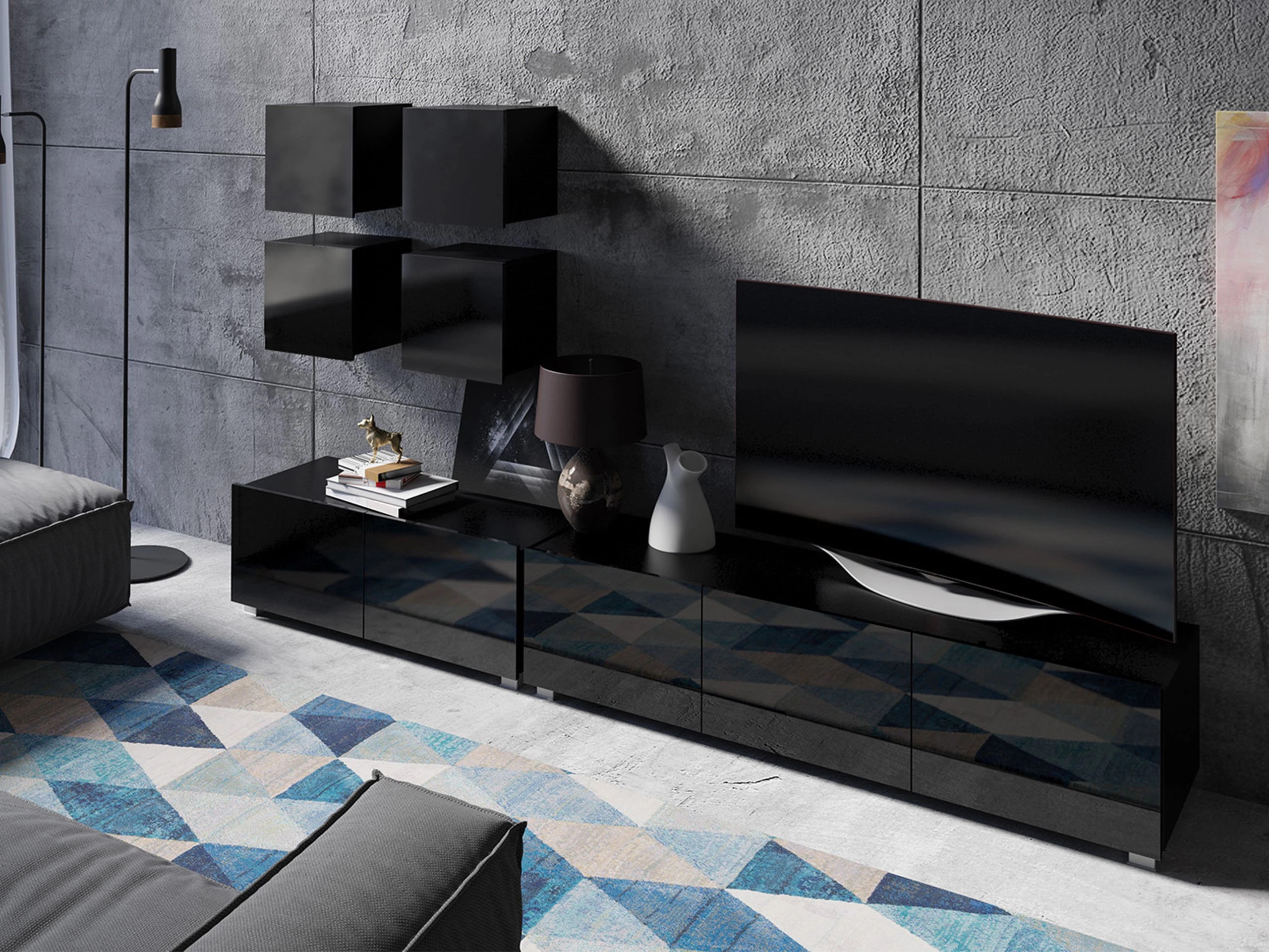 Parete attrezzata Remus XVIII (Nero + Nero lucido)