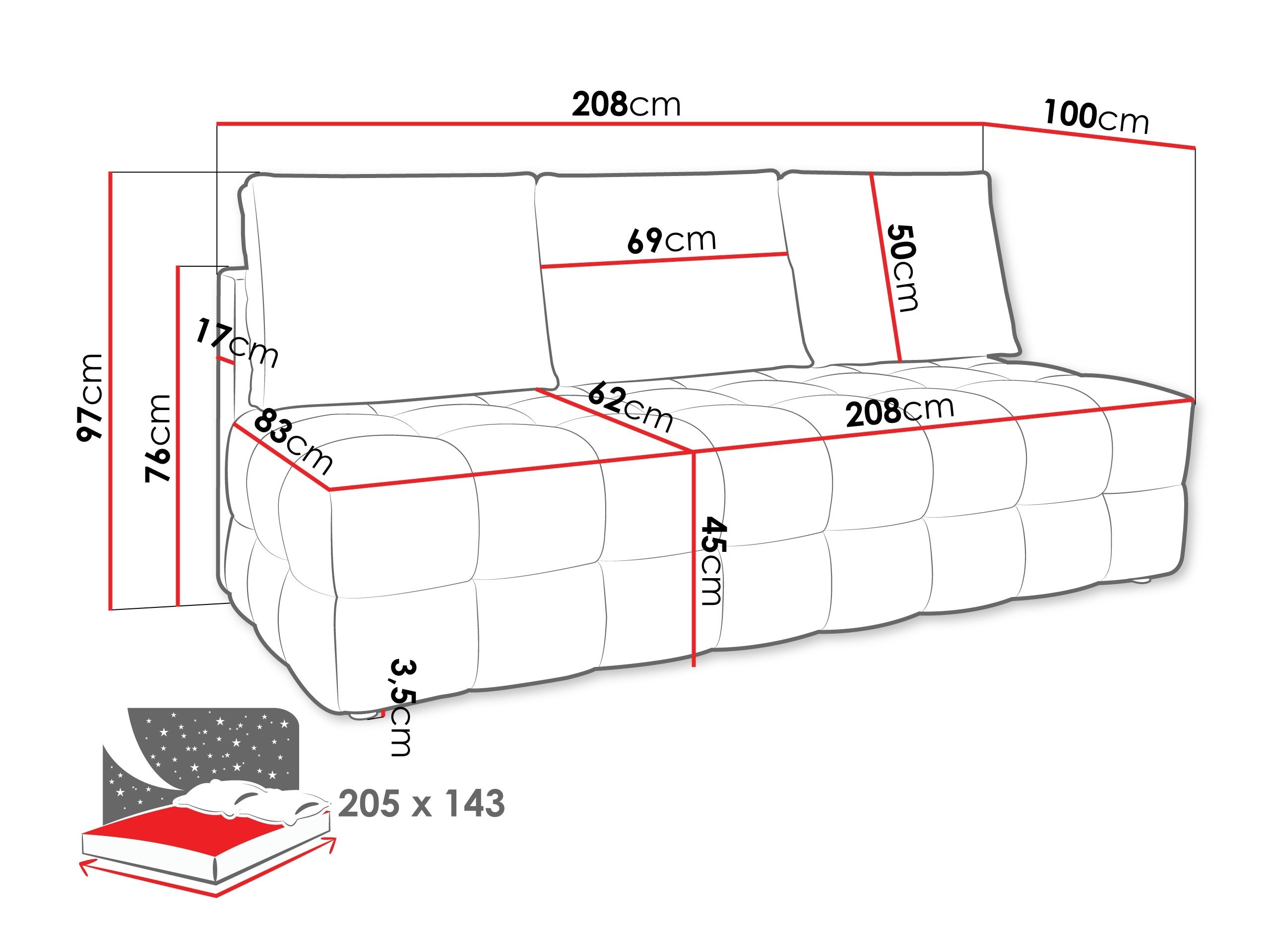 Divano letto Temple 133 (Velo 621)