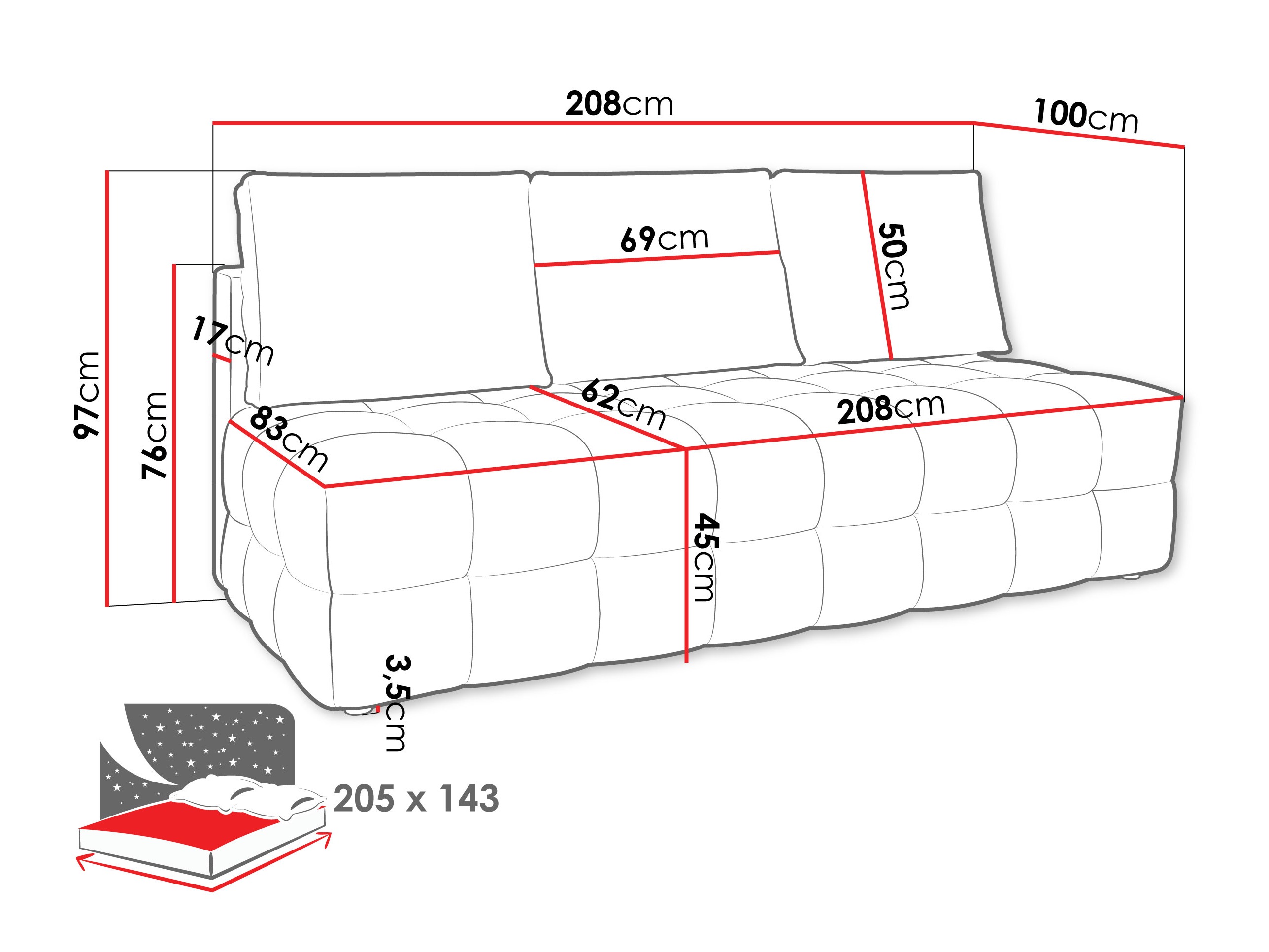 Divano letto Temple 133 (Velo 623)