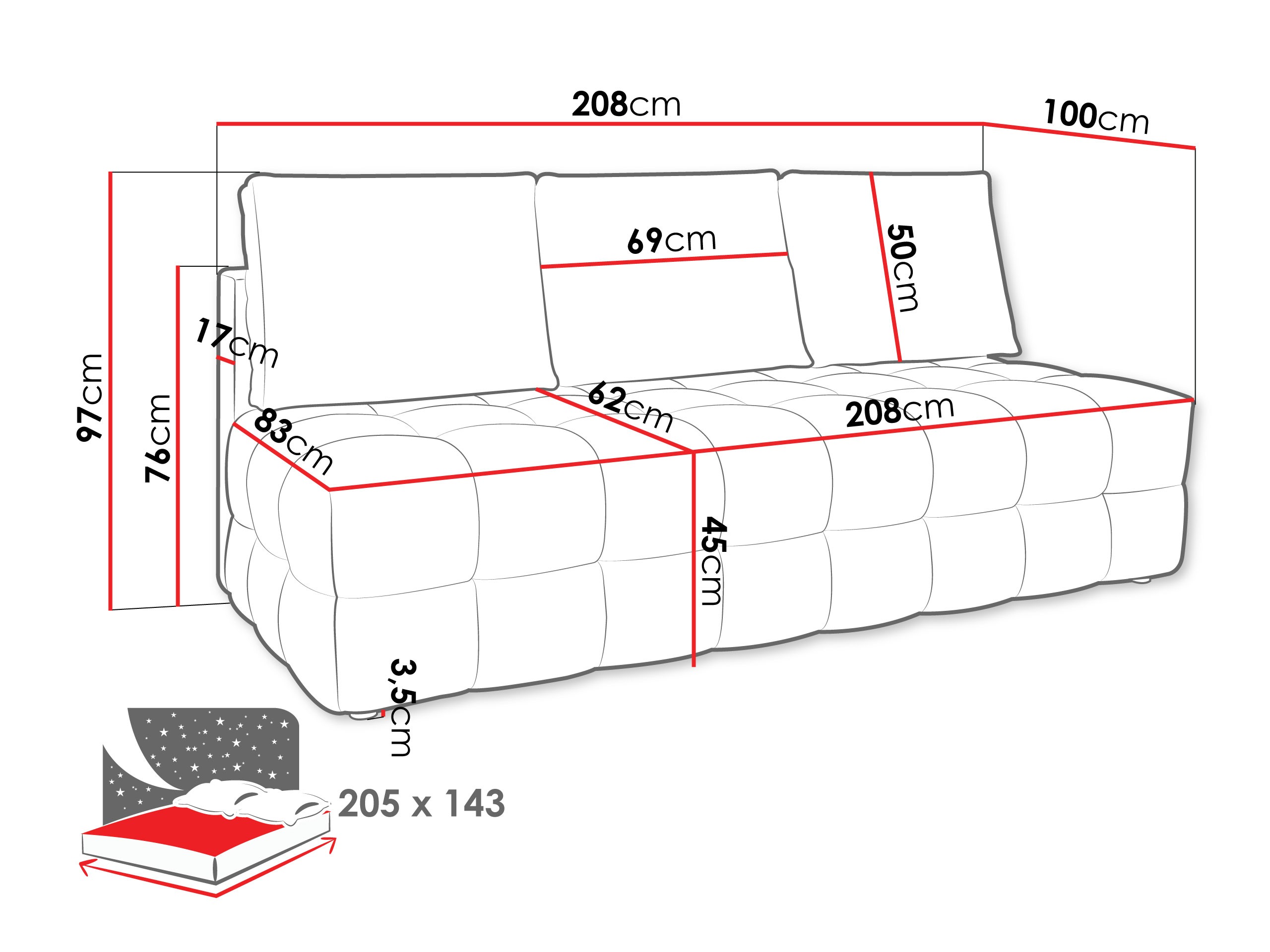 Divano letto Temple 133 (Velo 633)