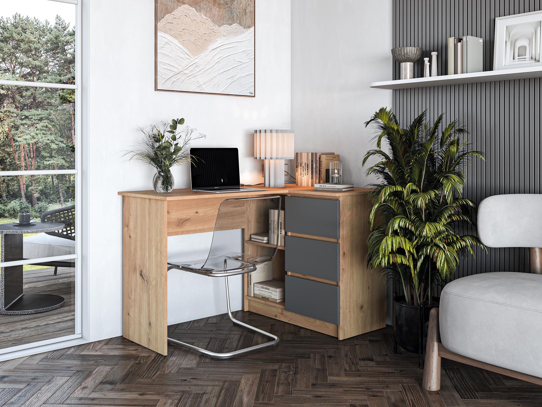 Scrivanie angolare Houston 1950 (Grafite + Rovere Artisan)