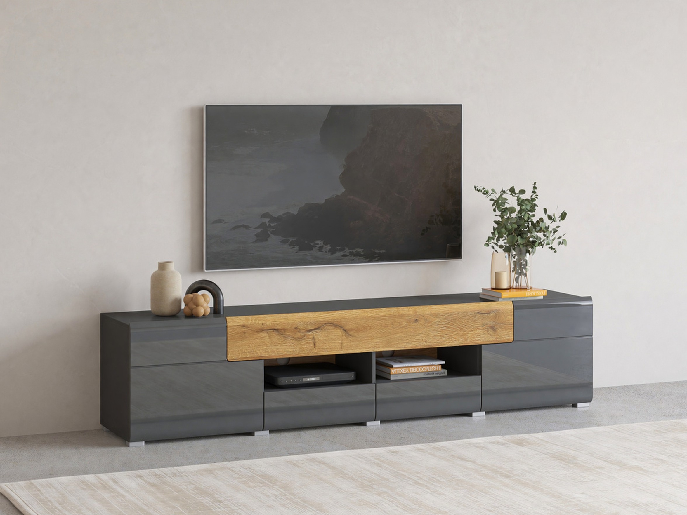 Mobile porta TV Torsone 113 (Antracite + Gloss antracite + Nipote di quercia)
