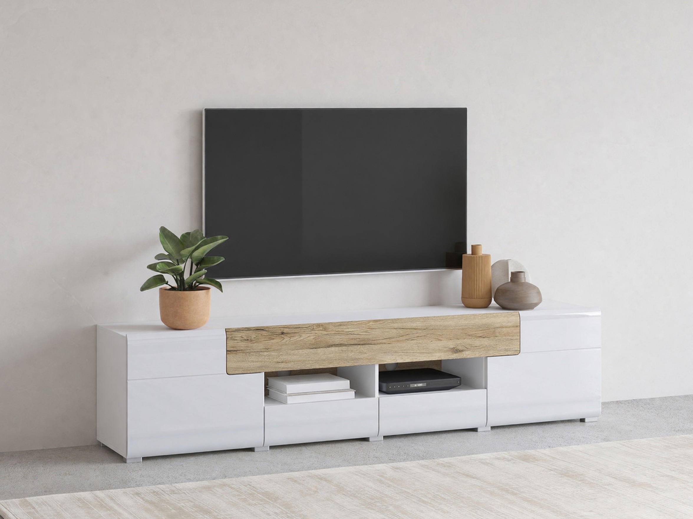 Mobile porta TV Torsone 113 (Bianco + Bianco lucido + Quercia sanremo)