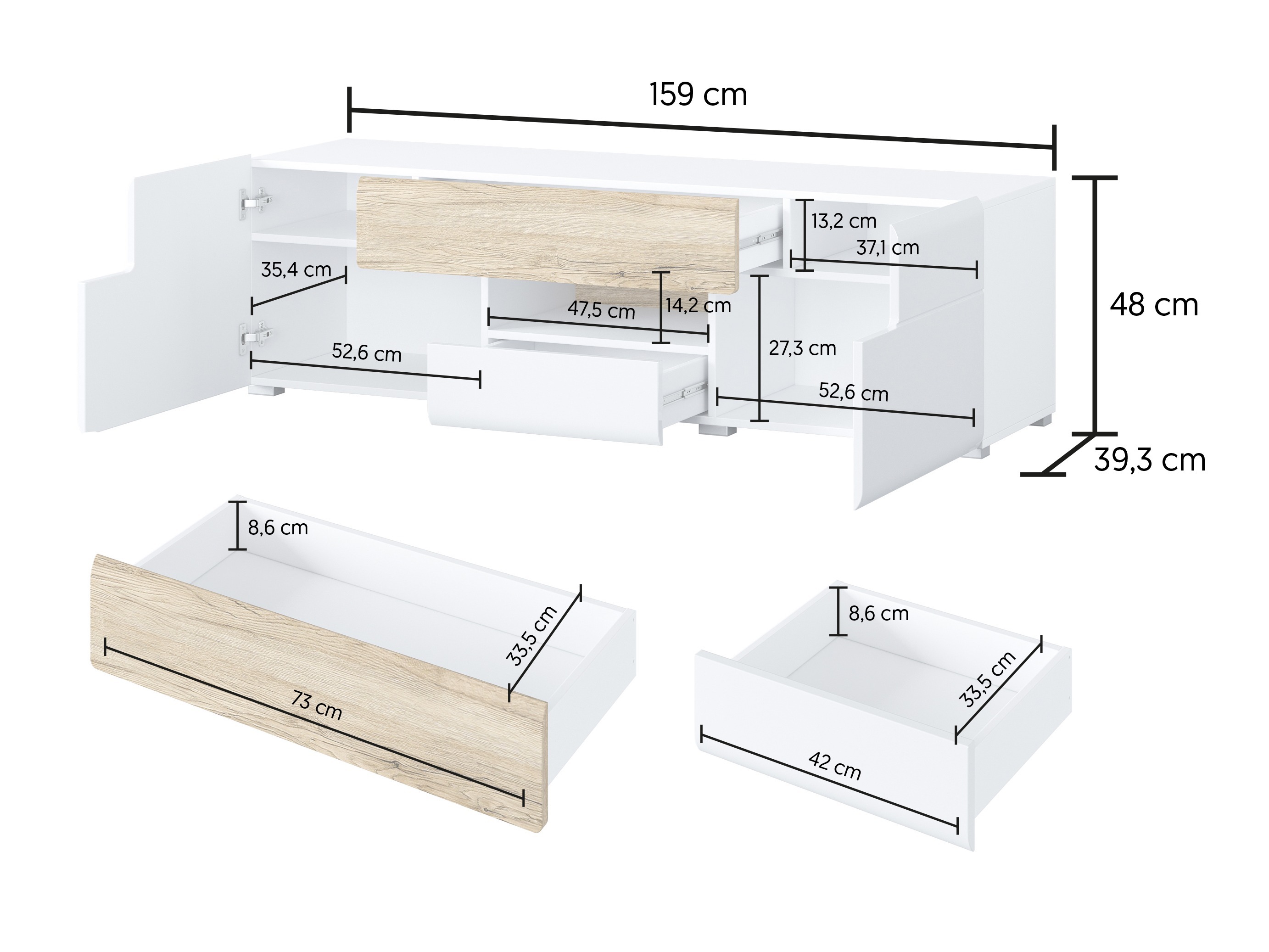 Parete attrezzata Torsone 104 (Bianco + Bianco lucido + Quercia sanremo)