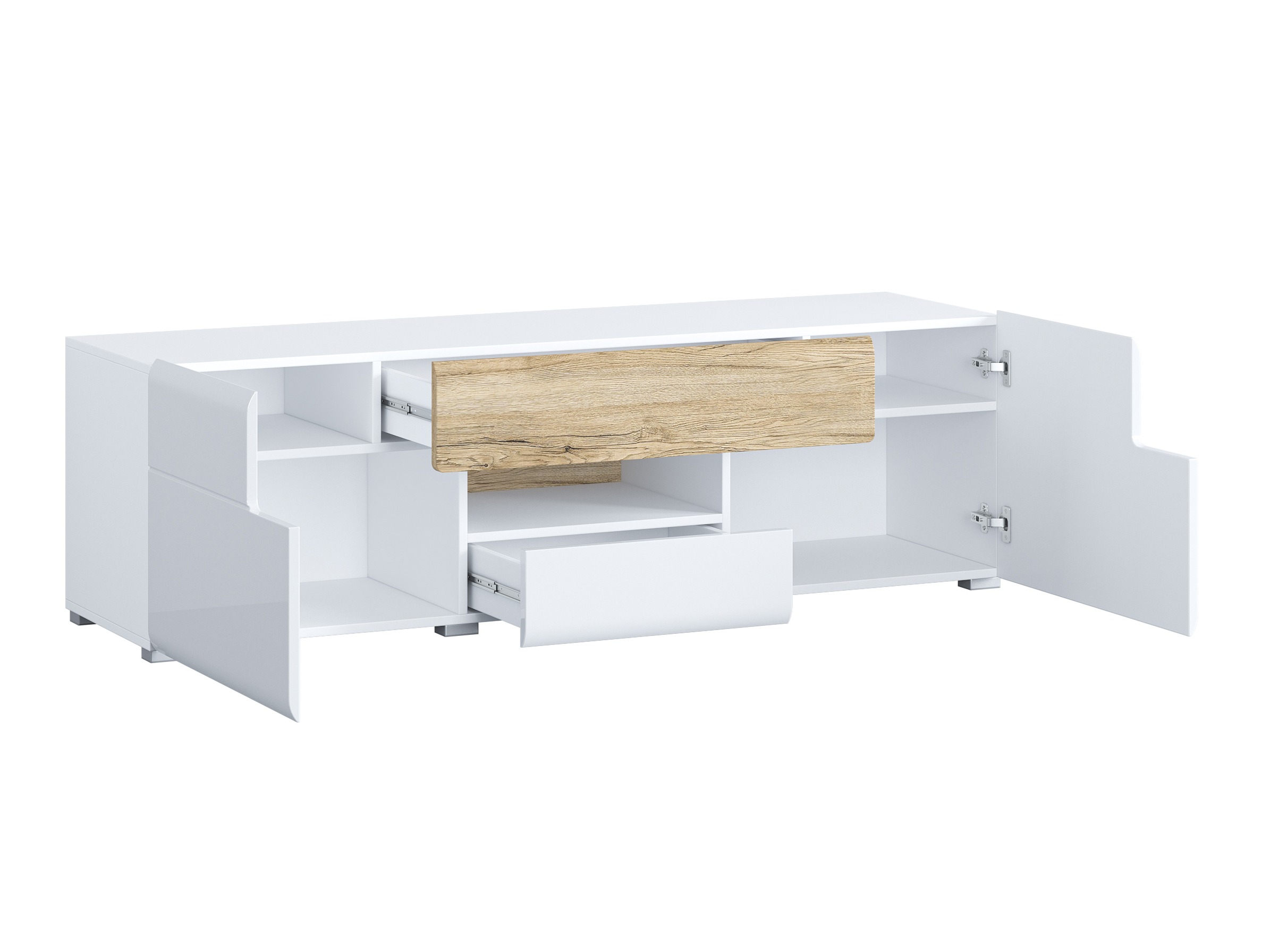 Parete attrezzata Torsone 104 (Bianco + Bianco lucido + Quercia sanremo)