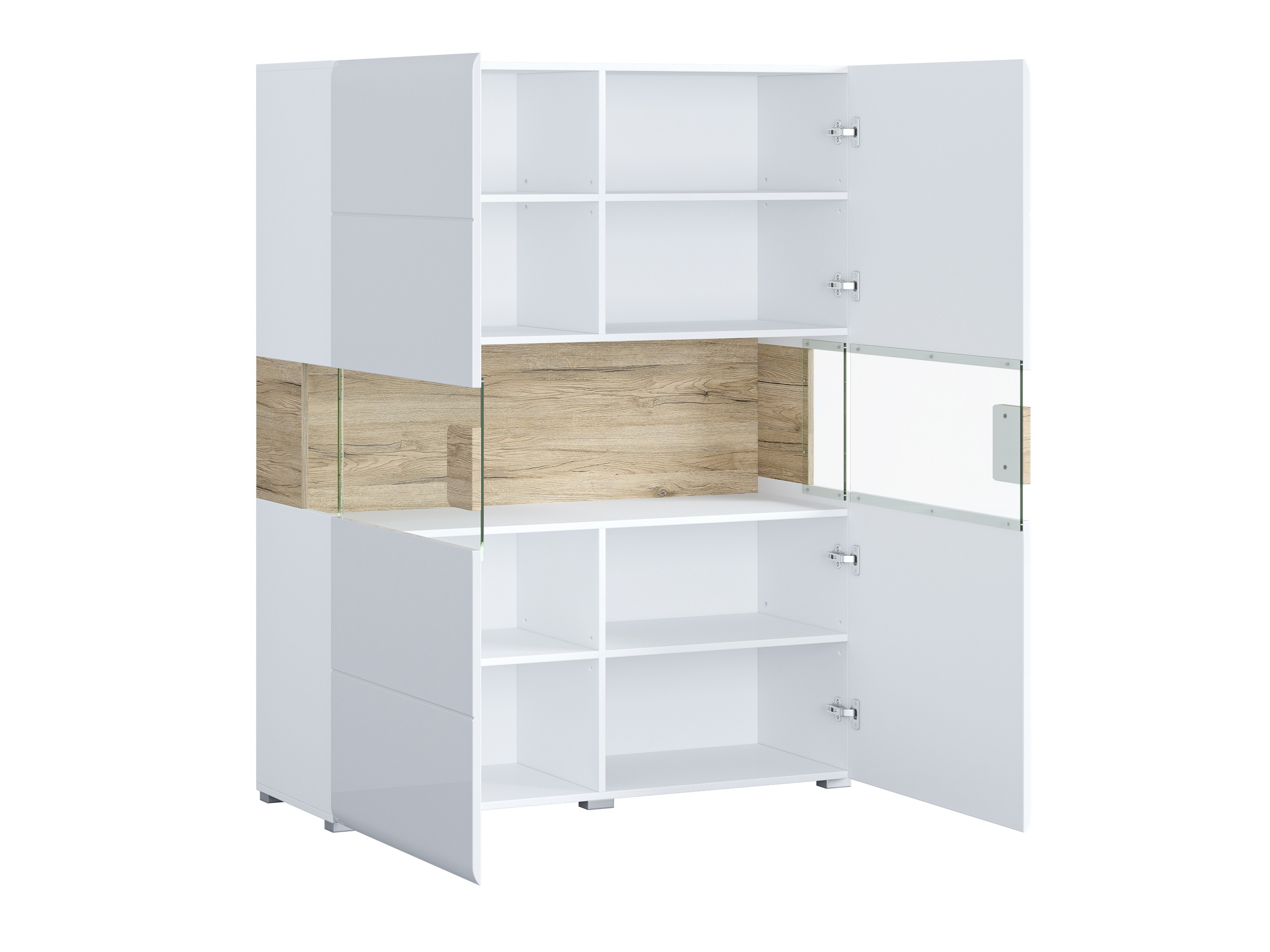 Parete attrezzata Torsone 104 (Bianco + Bianco lucido + Quercia sanremo)