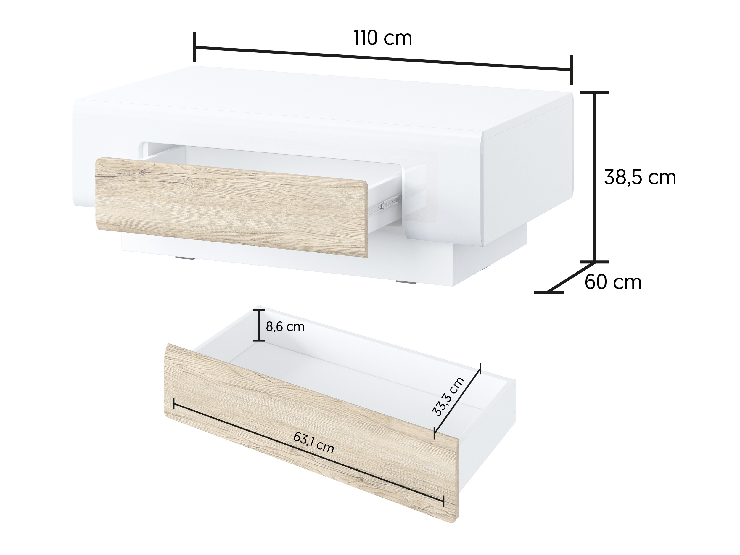 Tavolino da caffè Torsone 111 (Bianco + Bianco lucido + Quercia sanremo)