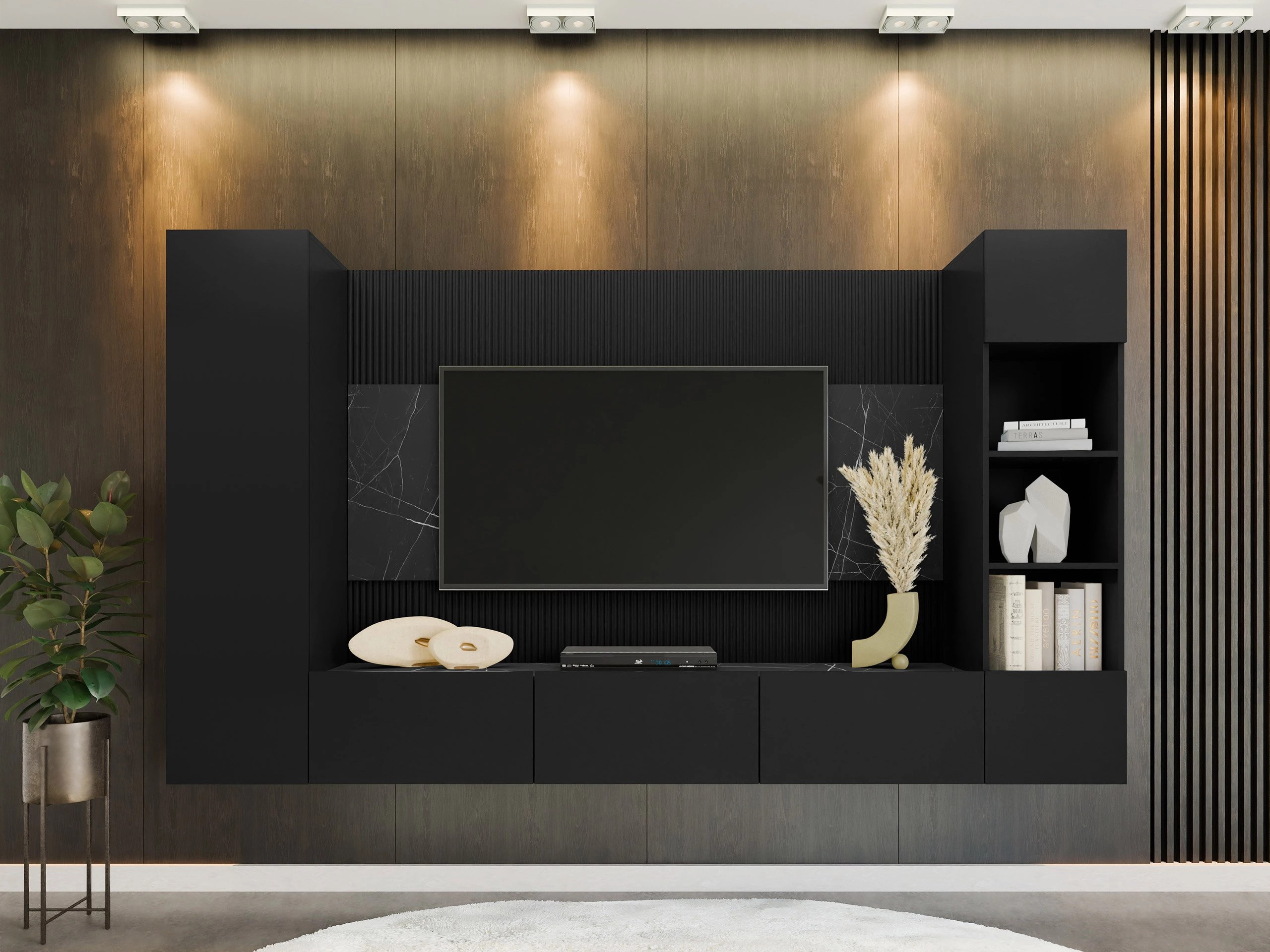 Parete attrezzata Comfivo Salix IV (Nero + Marmo nero)