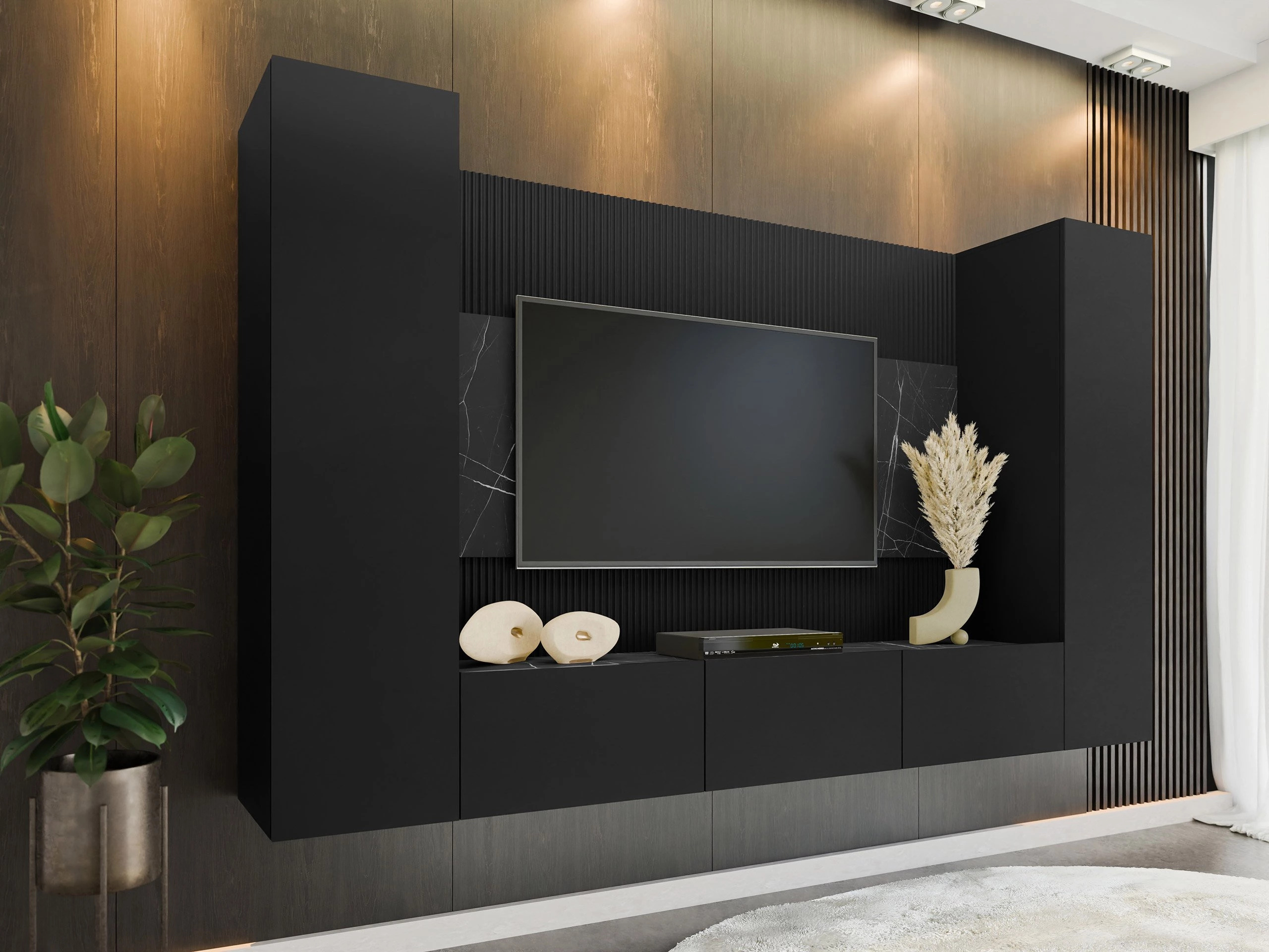 Parete attrezzata Comfivo Salix V (Nero + Marmo nero)