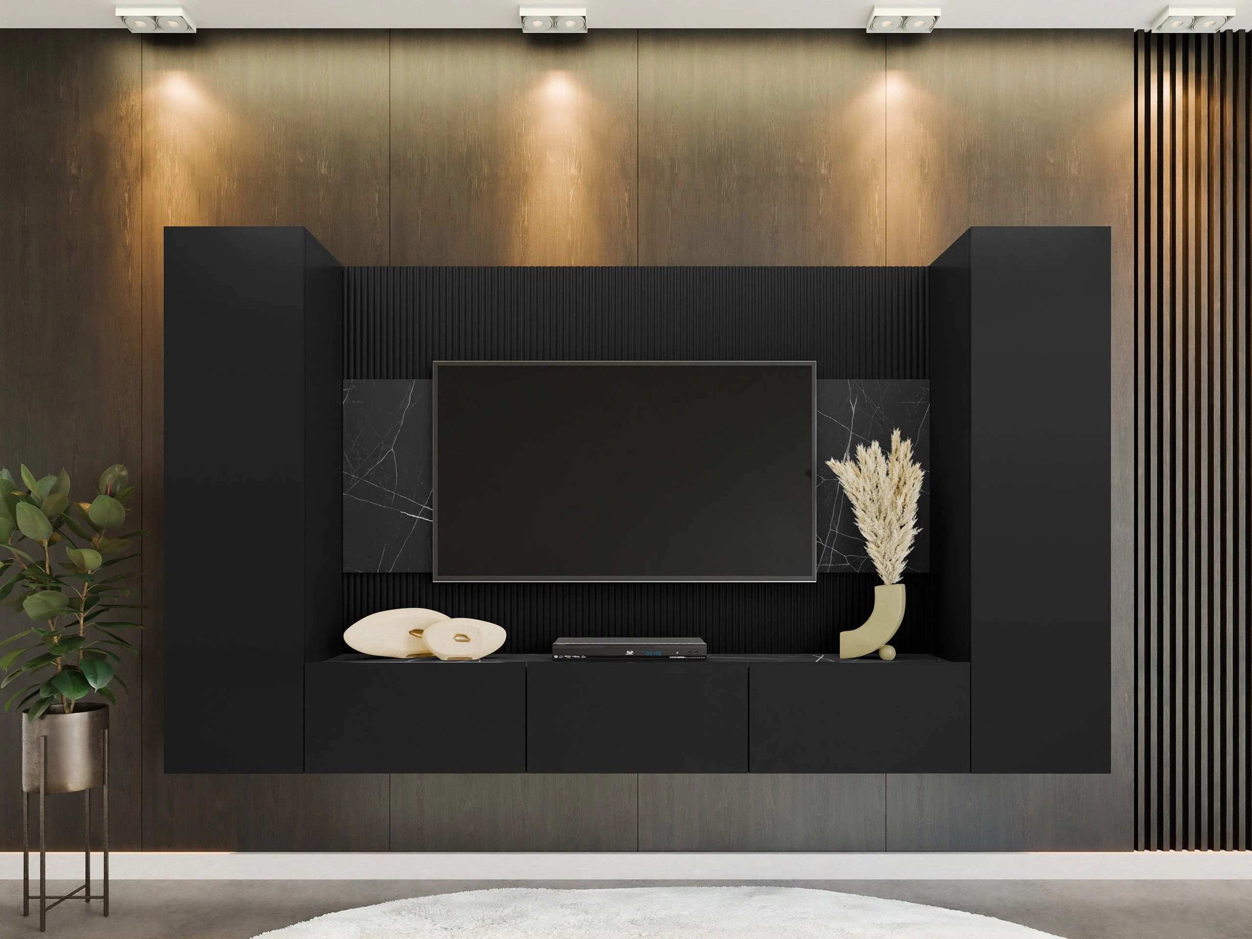 Parete attrezzata Comfivo Salix V (Nero + Marmo nero)