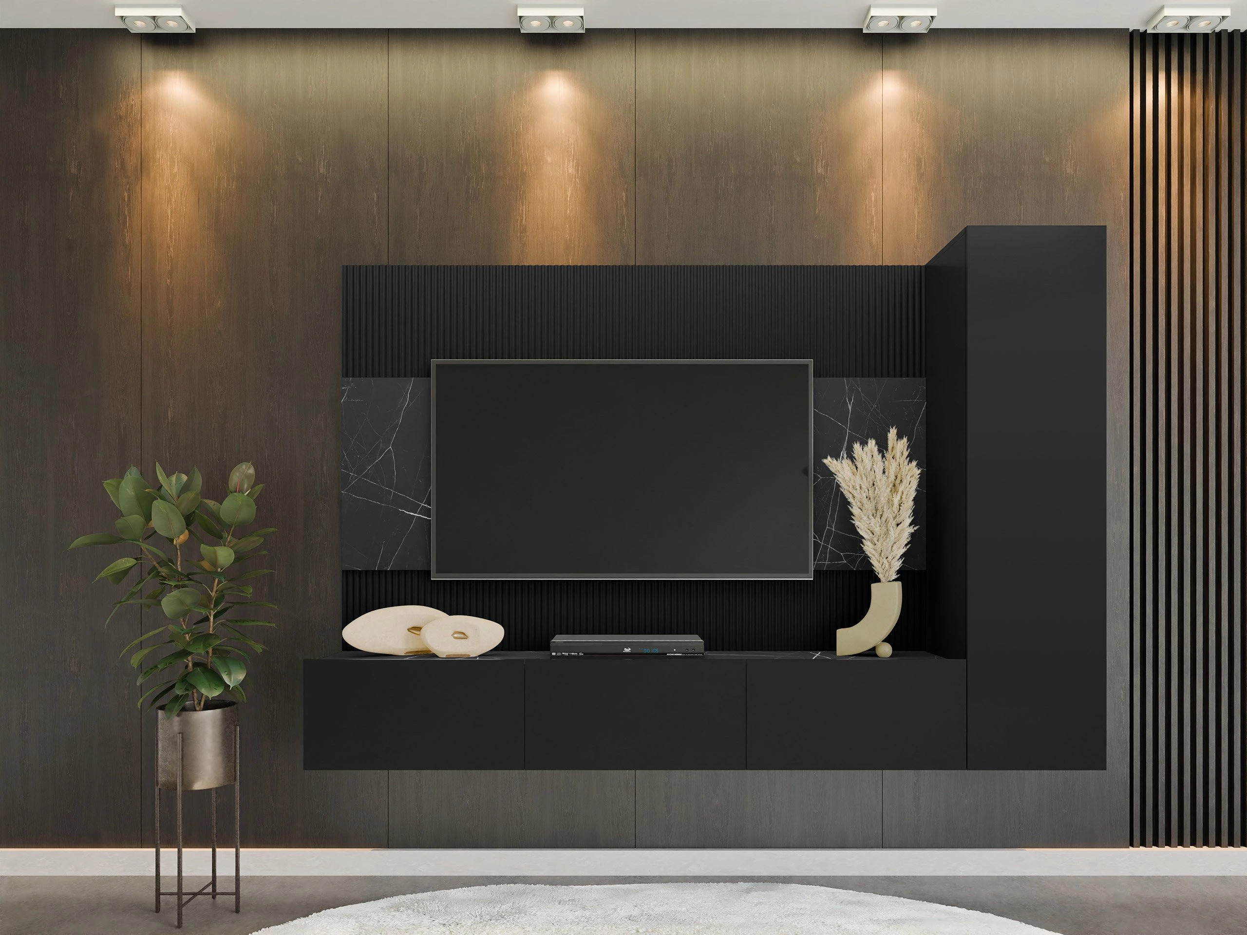 Parete attrezzata Comfivo Salix VI (Nero + Marmo nero)
