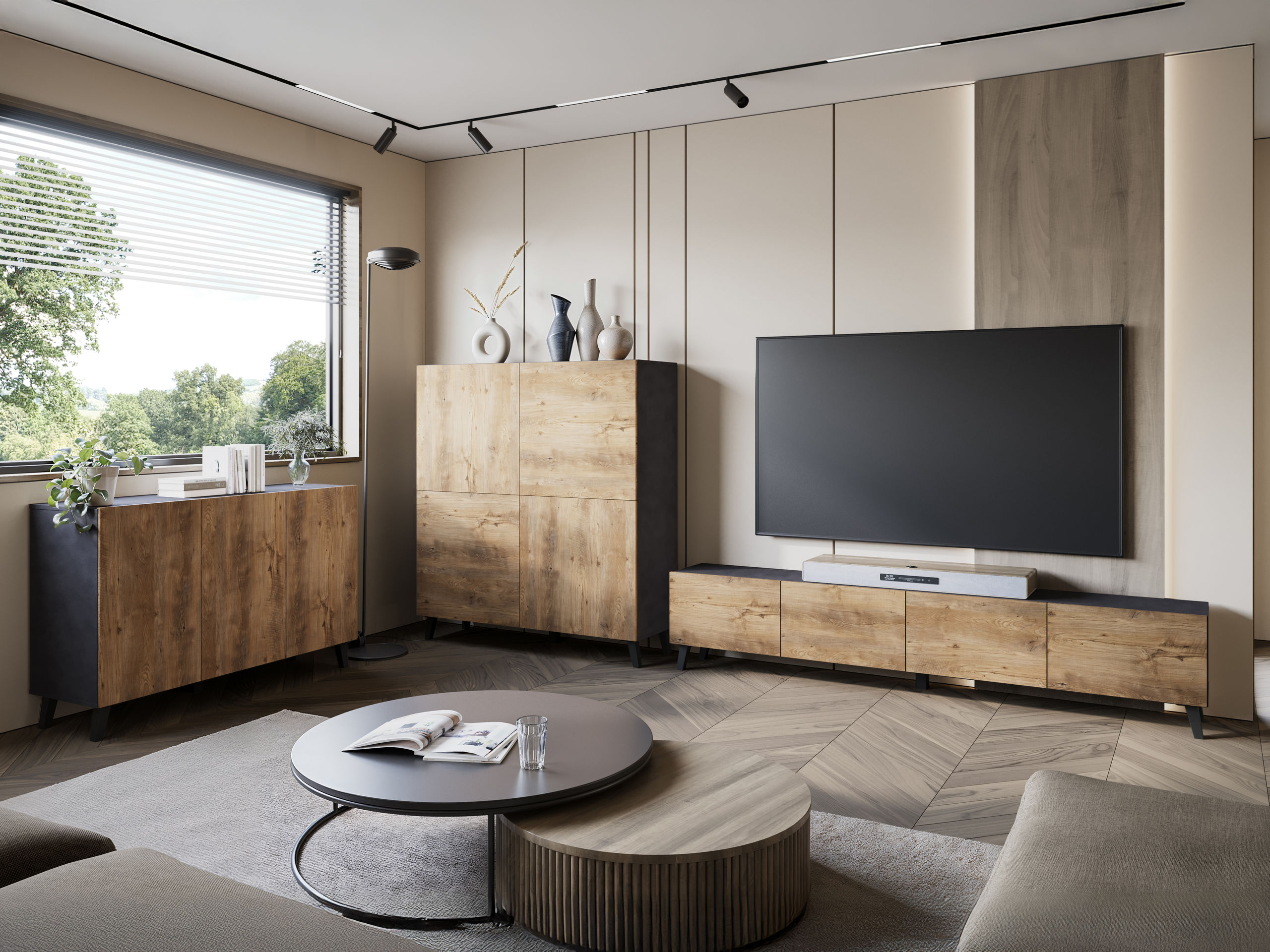Parete attrezzata Levtive 105 (Matera grigio + Castagna)